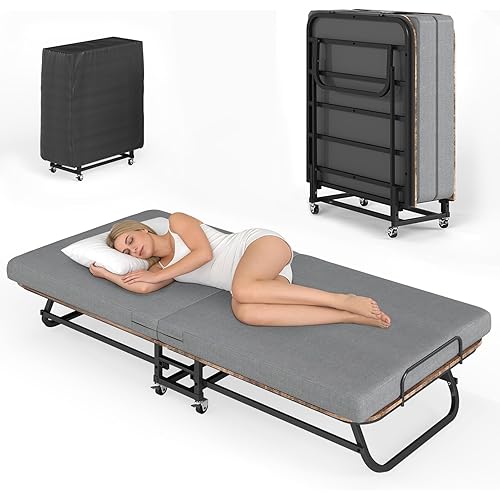 Folding Bed with Mattress for Adults, Portable Foldable Guest Bed on Wheels, Memory Foam Mattress and Metal Frame, Space Saving Roll Away Beds for Easy Storage, 75" x 31"