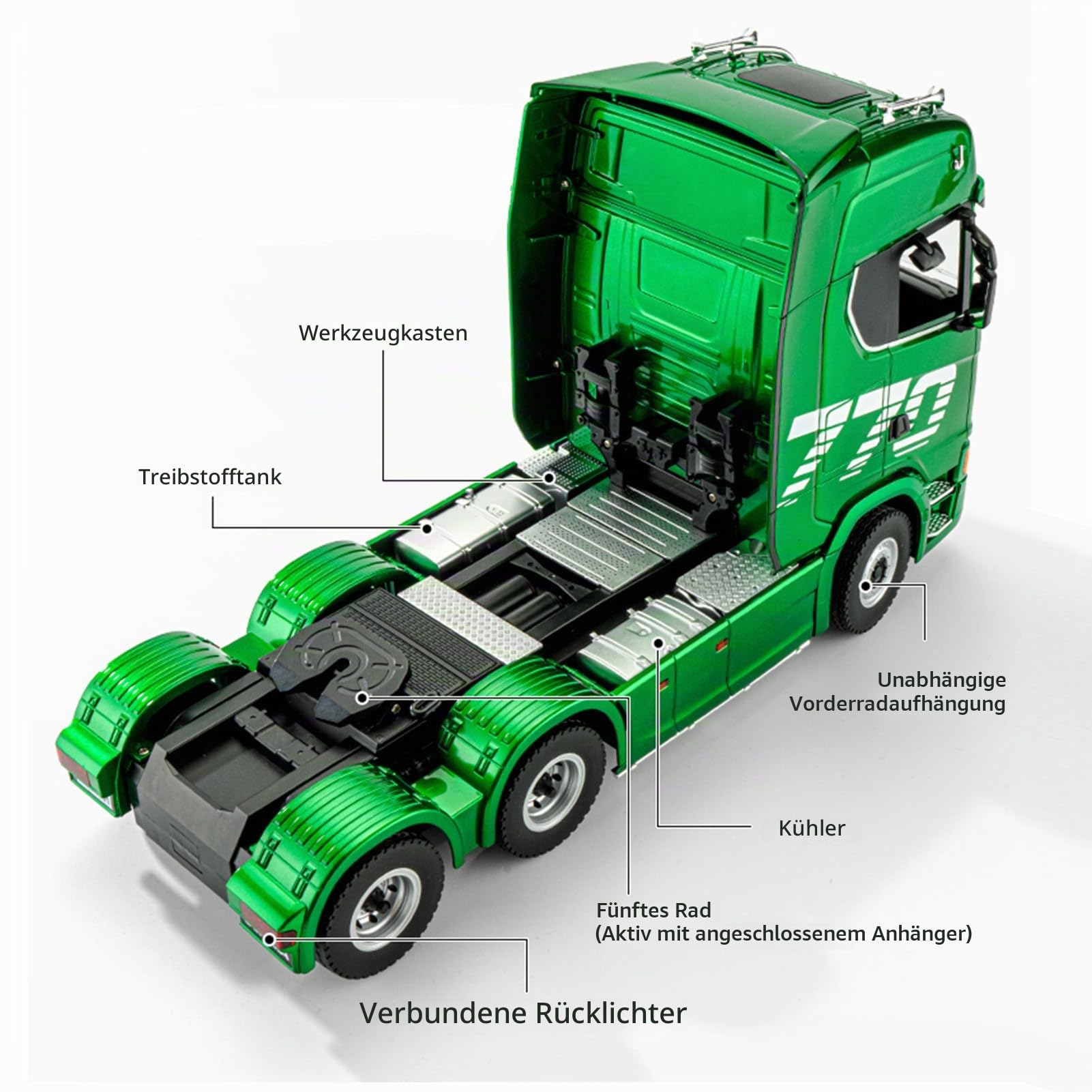 RC Traktor LKW Im Maßstab 1:18 mit 19CH Licht Soundeffekte, 2,4G Fernbedienungs-Sattelzug, 4WD Legierungskarosserie Zum Spielen und Sammeln Im Gelände (Grün)