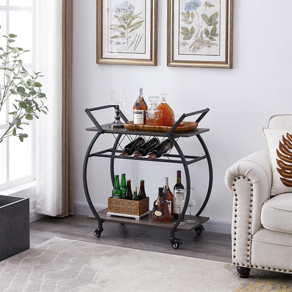 LVB Bar Cart with Wine Rack, 2 Tier Kitchen Coffee Cart on Wheels, Industrial Wood and Metal Portable Liquor Wine Cart for Home, Rustic Modern Mobile ...