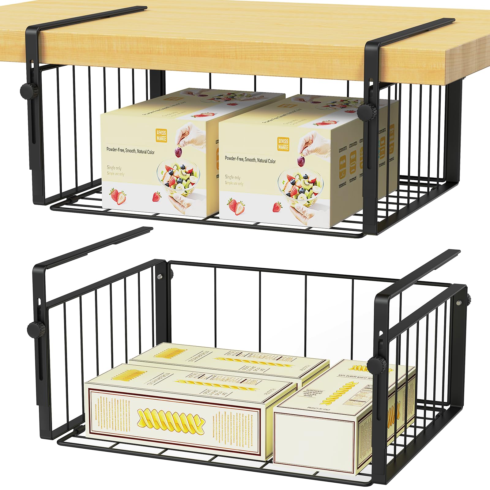 Shruntone 2 Pack Hanging Under Shelf Storage Basket,Adjustable Under Cabinet Add-on Storage Racks Baskets Organizer for Cabinet Pantry Cupboard Desk Counter Bookshelf Space Saver (Black)