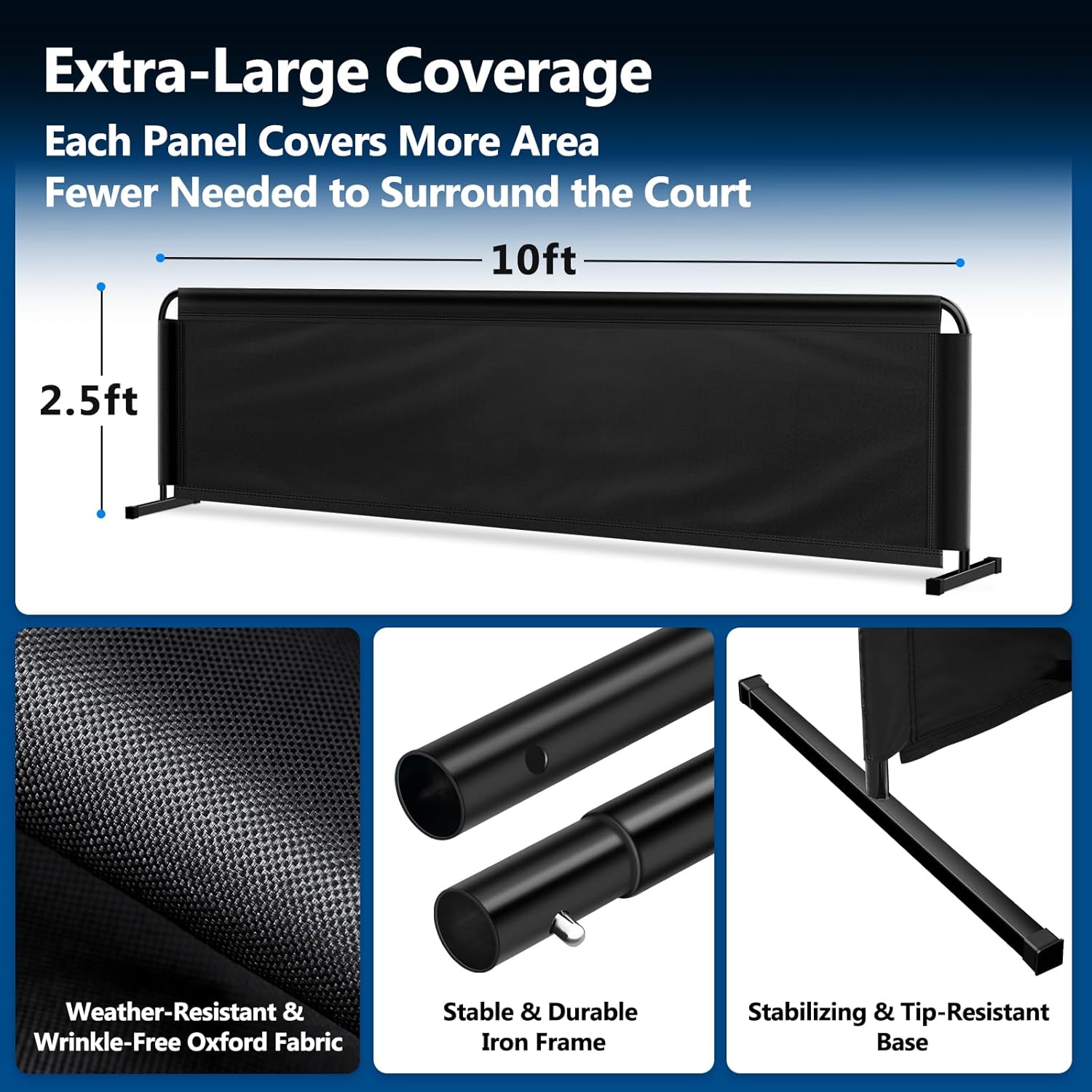 Pickleball Court Dividers, 3 Extra-Large Ball Barrier Panels-10×2.5 ft Each, Portable Pickleball Baffle Barrier to Block Stray Balls, Pickleball Field Fence