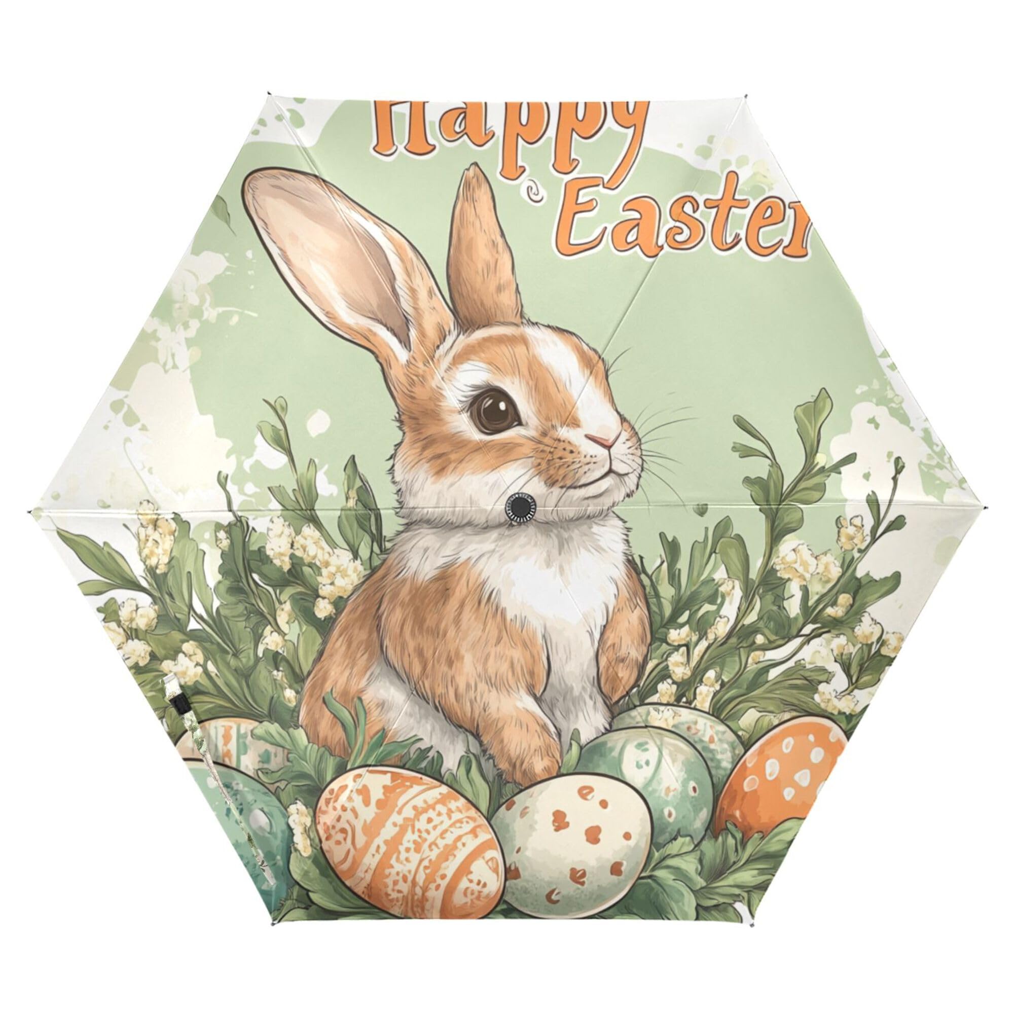 JUNZAN Happy Easter Bunny Carrots Eucalyptus Watercolor Umbrella For Travel 39 Inch Heavy Duty Automatic Open Close Mini Umbrella for Adults Outdoor Defence Accessories