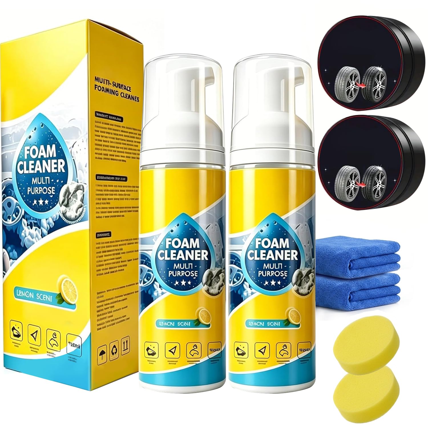 Detergente in schiuma multi-enzimi 4 in 1, con spugna e asciugamano e crema detergente per pneumatici, detergente in schiuma per interni dell'auto, pulizia igienica in auto e casa (2 set)