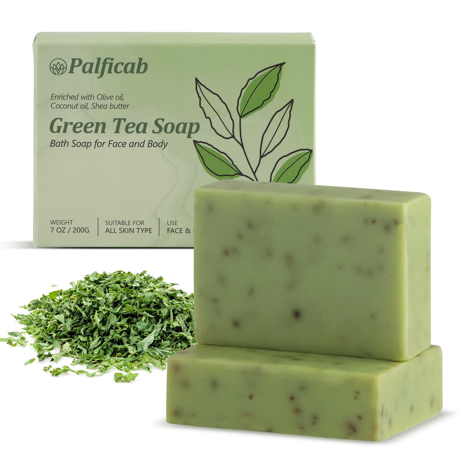 PALFICAB Green Tea Soap, Natural Bath Soap with Tea Leaves, Coconut Oil, Shea Butter, Homemade - Vegan Bar Soap with Cold Pressed For Face and Body, Help Moisturizing Soften Dry Skin, 2 Bars