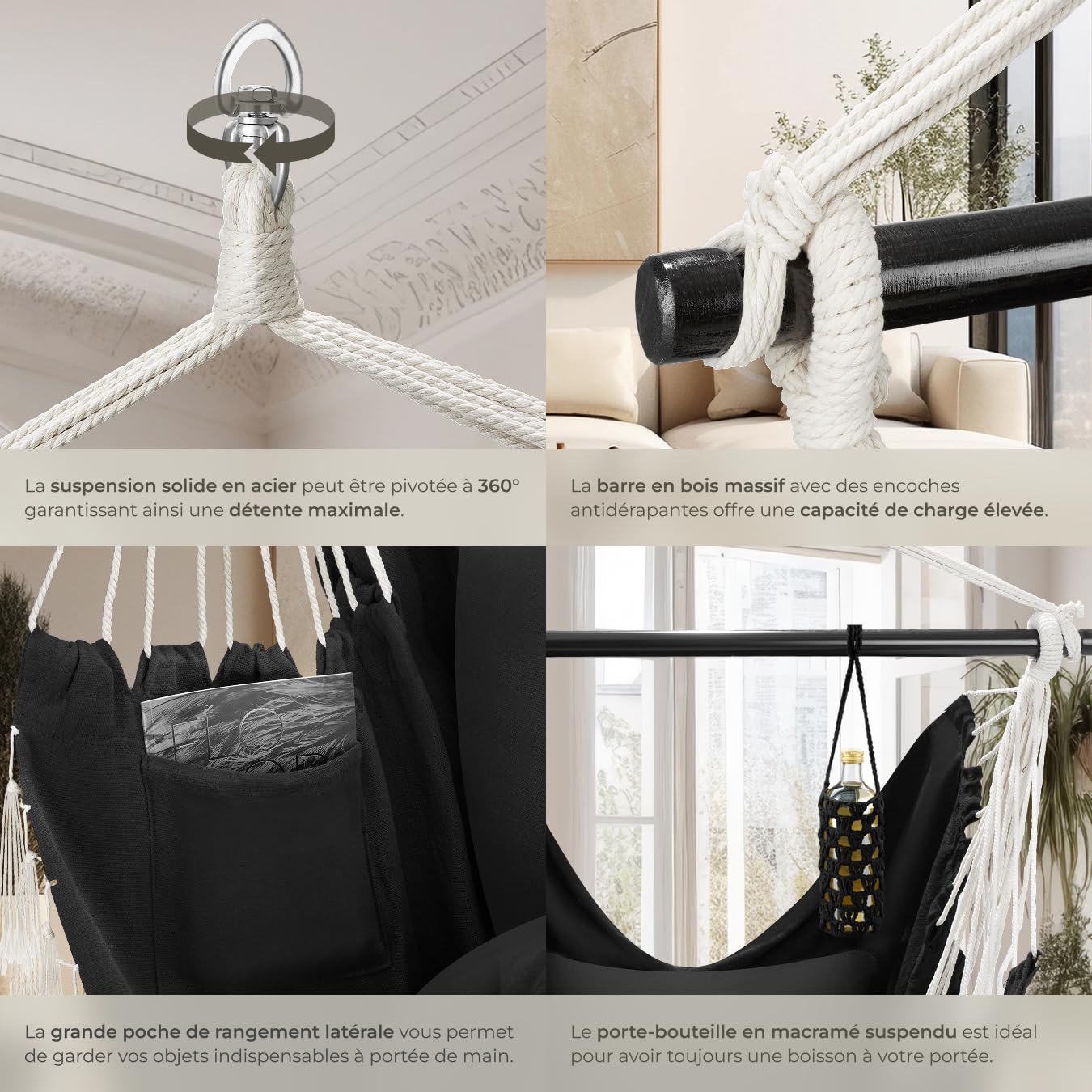 tectake® Fauteuil Suspendu Hamac Intérieur & extérieur, Fauteuil Relax, Fauteuil de Lecture 1 Place Balancelle, 2 Coussin Chaise Inclus Decoration Salon cocooning Jardin