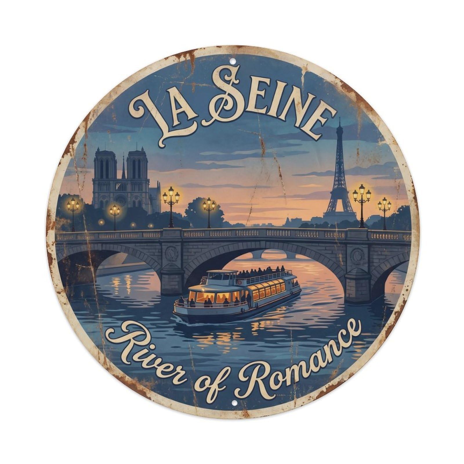 Vintage Travel Paris Seine River Metal Tin Sign Plaque Wall Decor for Cafe, Club, Garden Round Metal Poster 8x8Inch