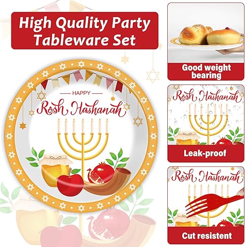 Miniatura 4 de 96 piezas Rosh Hashanah platos y servilletas suministros para fiesta, Shana Tova High Holy Day Juego de vajilla judía para fiesta de Año Nuevo,