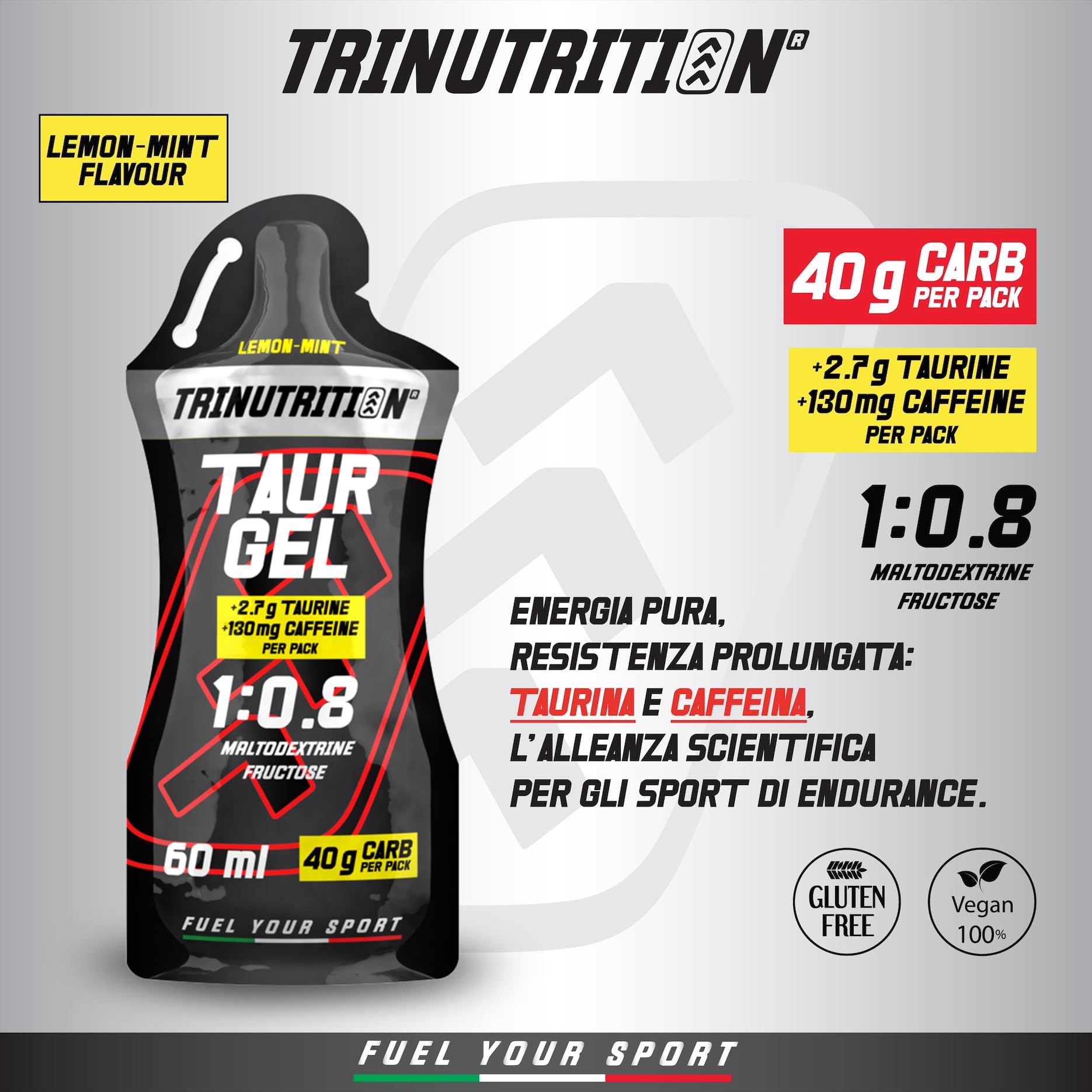 TAUR GEL, Gel Energetico con Taurina e Caffeina, 10 x 60ml, 40g di Carboidrati, Rapporto 1:0,8 Maltodestrine e Fruttosio, Gusto Limone e Menta, Gel per Ciclismo Corsa, Senza Glutine