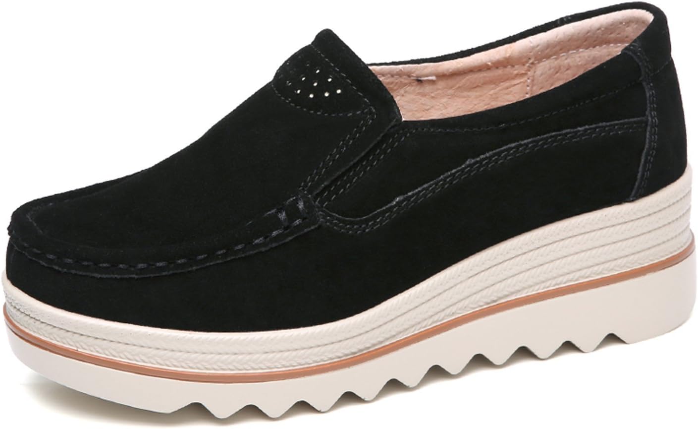 SANYES Women Platform Slip On Loafers Comfort Suede Moccasins Wide Low Top Wedge Shoes SYSGX3088-Black-41