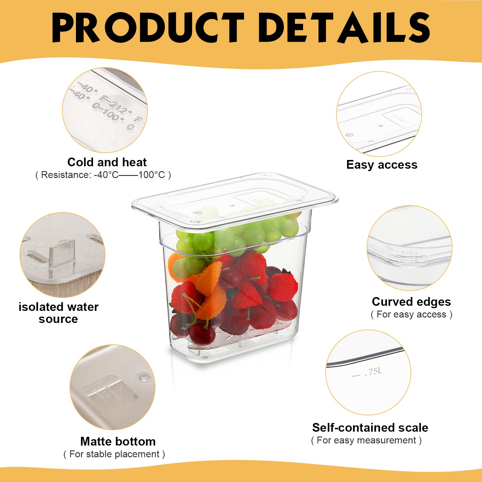 Sunnyray Juego de 6 sartenes de policarbonato de tamaño 1/9 con tapas y estante de drenaje, recipientes cuadrados profundos para almacenamiento de alimentos para cocina, restaurante, frutas y verduras