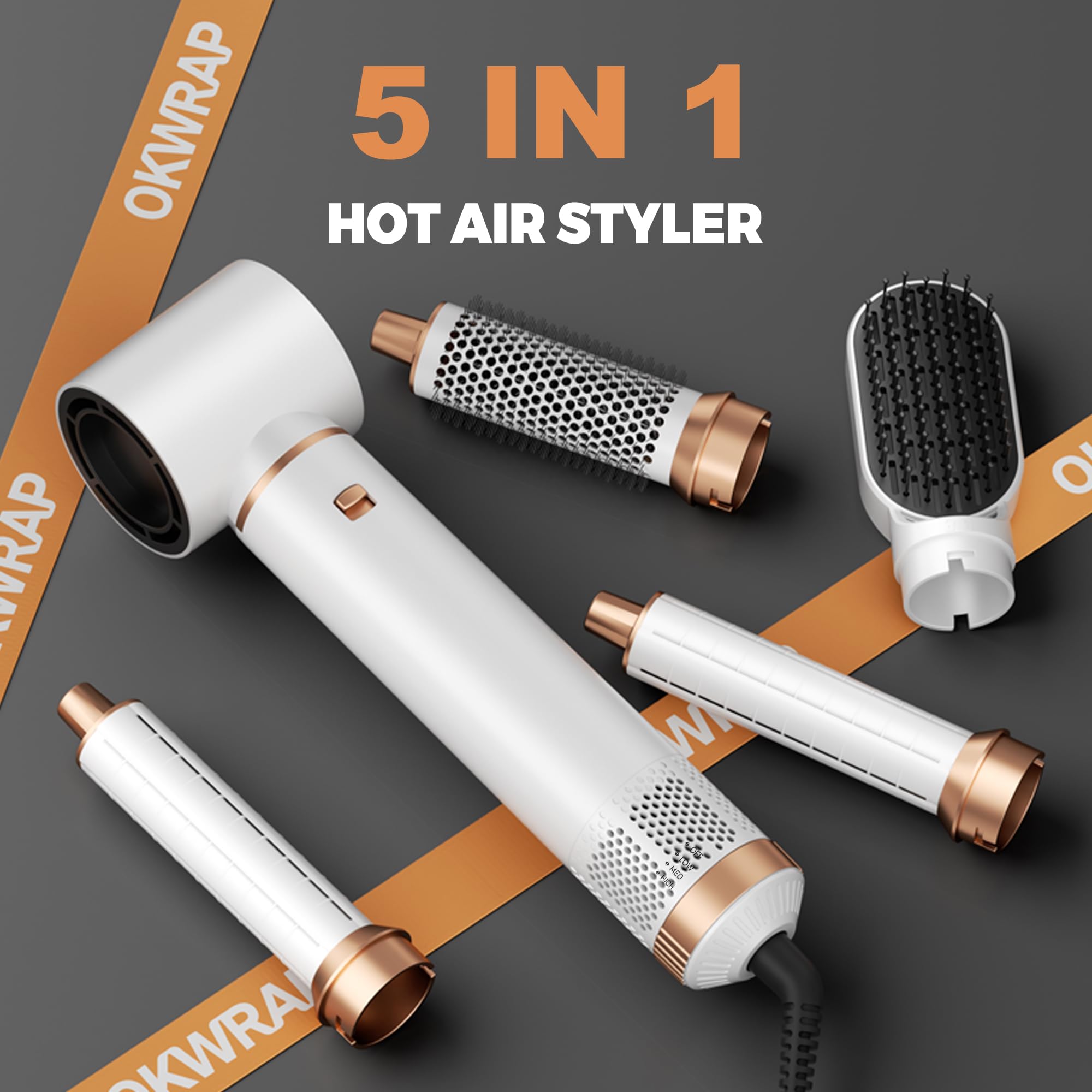 OKWRAP Airbrush 5 en 1, Air Styler 5 en 1, Hair Styler avec Seche Cheveux, Boucleur Automatique, Brosse Coiffante Chauffante, Brosse Lissante, Seche Cheveux 5 en 1 pour Sécher, Boucler, Lisser