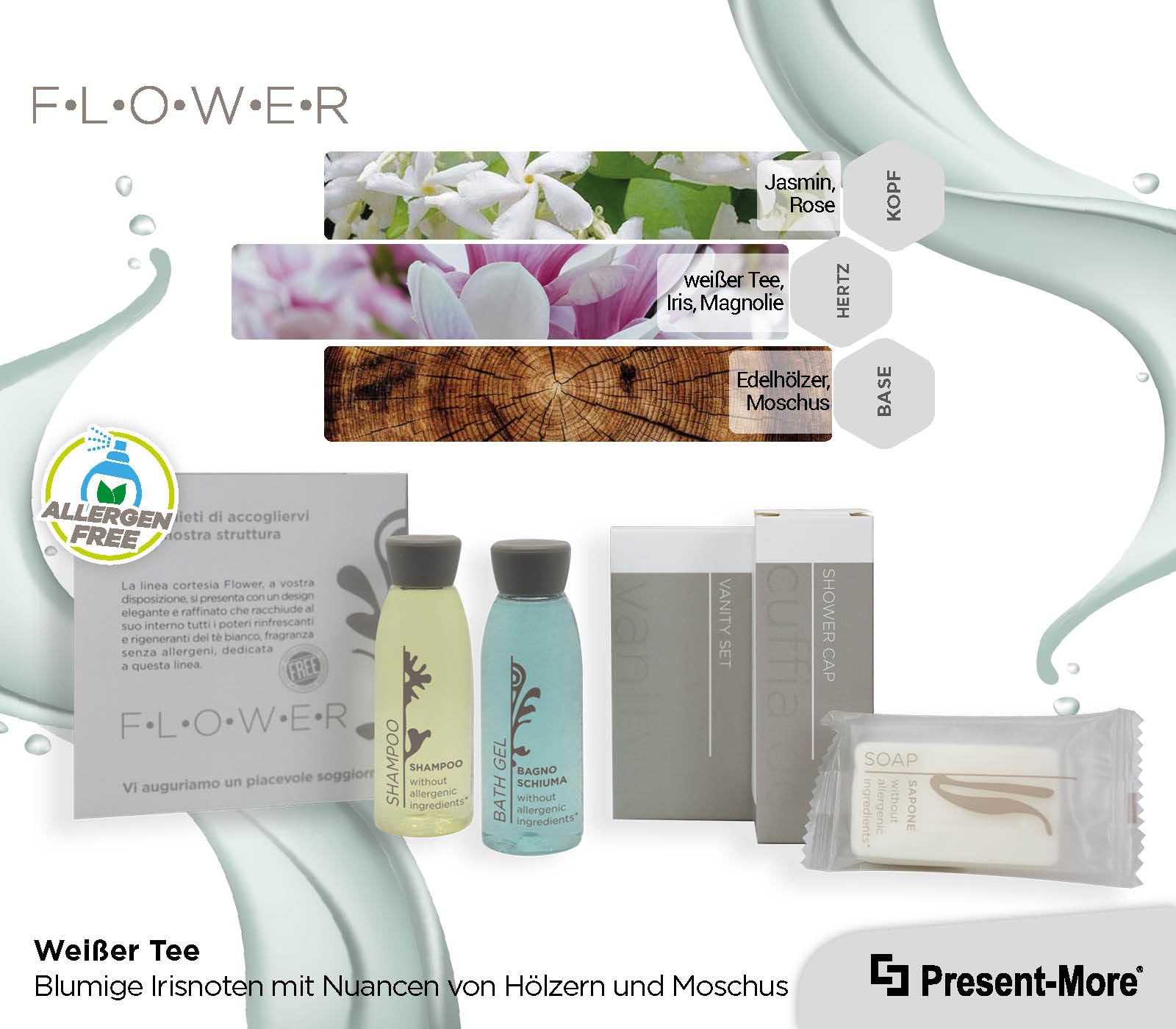 Present-More Amenities Kit Flower - Toilettenartikel 40 Gäste für Hotels und B&B | Allergenfreie Amenities Kit mit Duftnoten von weißer Tee