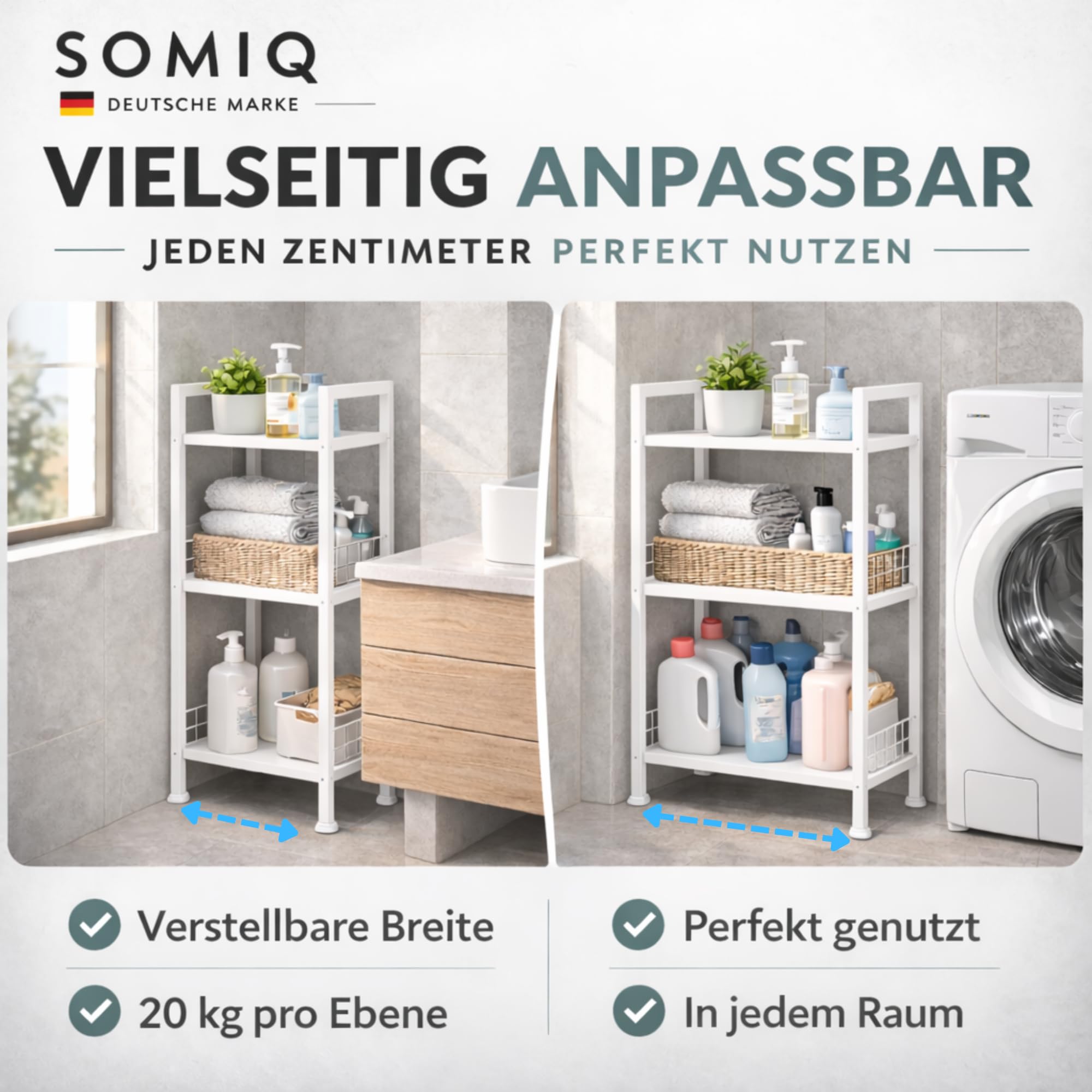 Verstellbares Nischenregal Metall – 21–32,5 cm ausziehbar – Schmales Badregal 3 Ebenen – Freistehend für Bad, Küche, Waschmaschine & Abstellraum – 60 kg belastbar