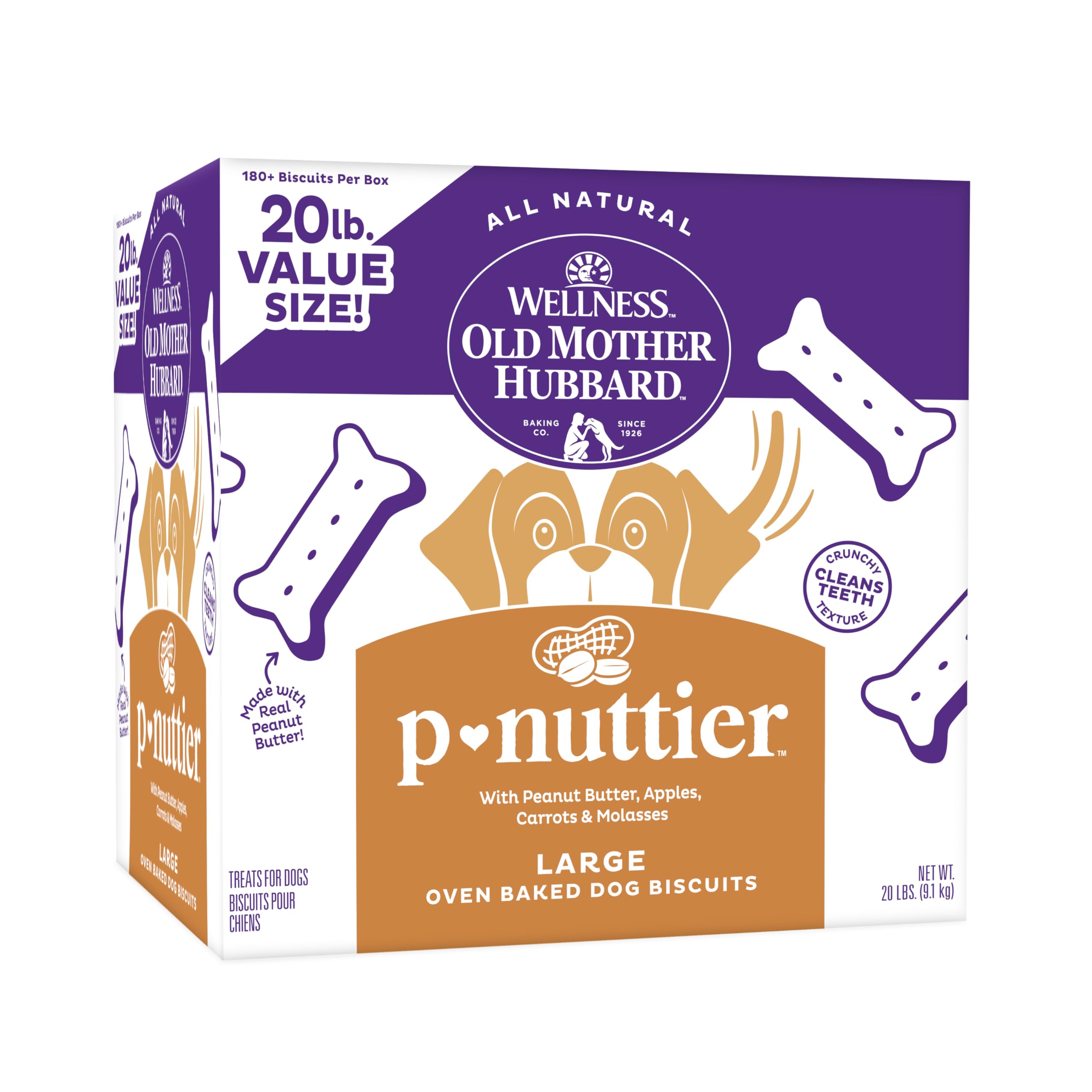 Old Mother Hubbard Wellness P-Nuttier Dog Biscuits, Natural, Training Treats, Peanut Butter Flavor, Large Size, (20 Pound Box)