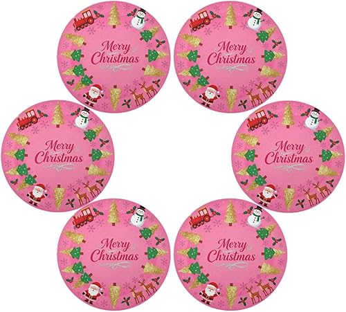 Miniatura 3 de Juego de 6 manteles individuales redondos decorativos de color rosa con texto en inglés "Merry Christmas", reutilizables, para mesa de 15.4 x 15.4