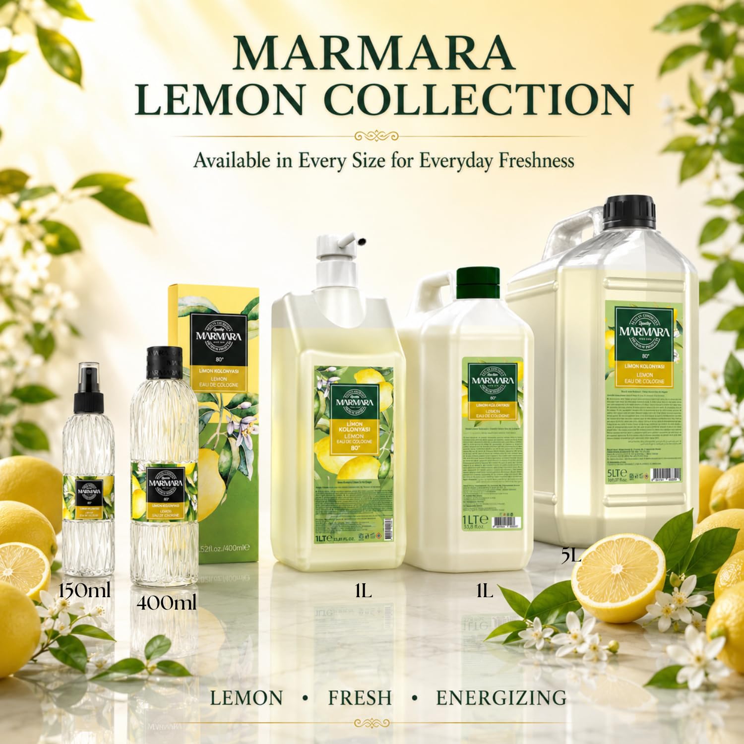 MARMARA Kolonya Cytryna 400 ml z Pudełkiem | Turecka Woda Zapachowa | Woda po Goleniu | Woda Kolońska | Tradycyjna Turecka | Woda Kolońska Cytrynowa | 80% Alkoholu