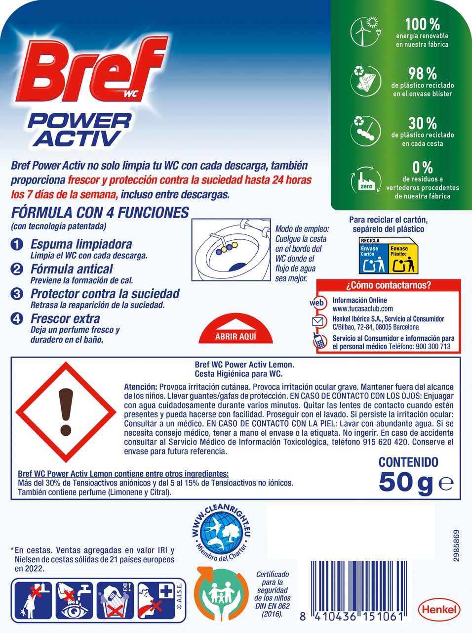 Bref WC Poweractive Lot de 10 nettoyants pour les toilettes 10 x 50 gr