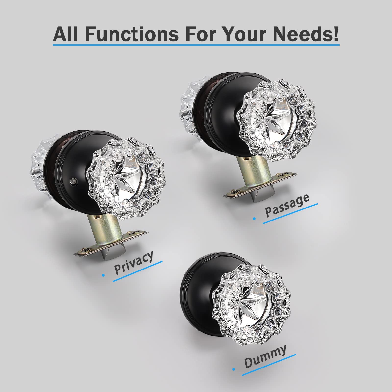 KNOBWELL 2 Pack Classic Round Glass Door Knobs Interior, Passage Clear Crystal Door Knobs for Hall and Closet, Matte Black Vintage Door Knob