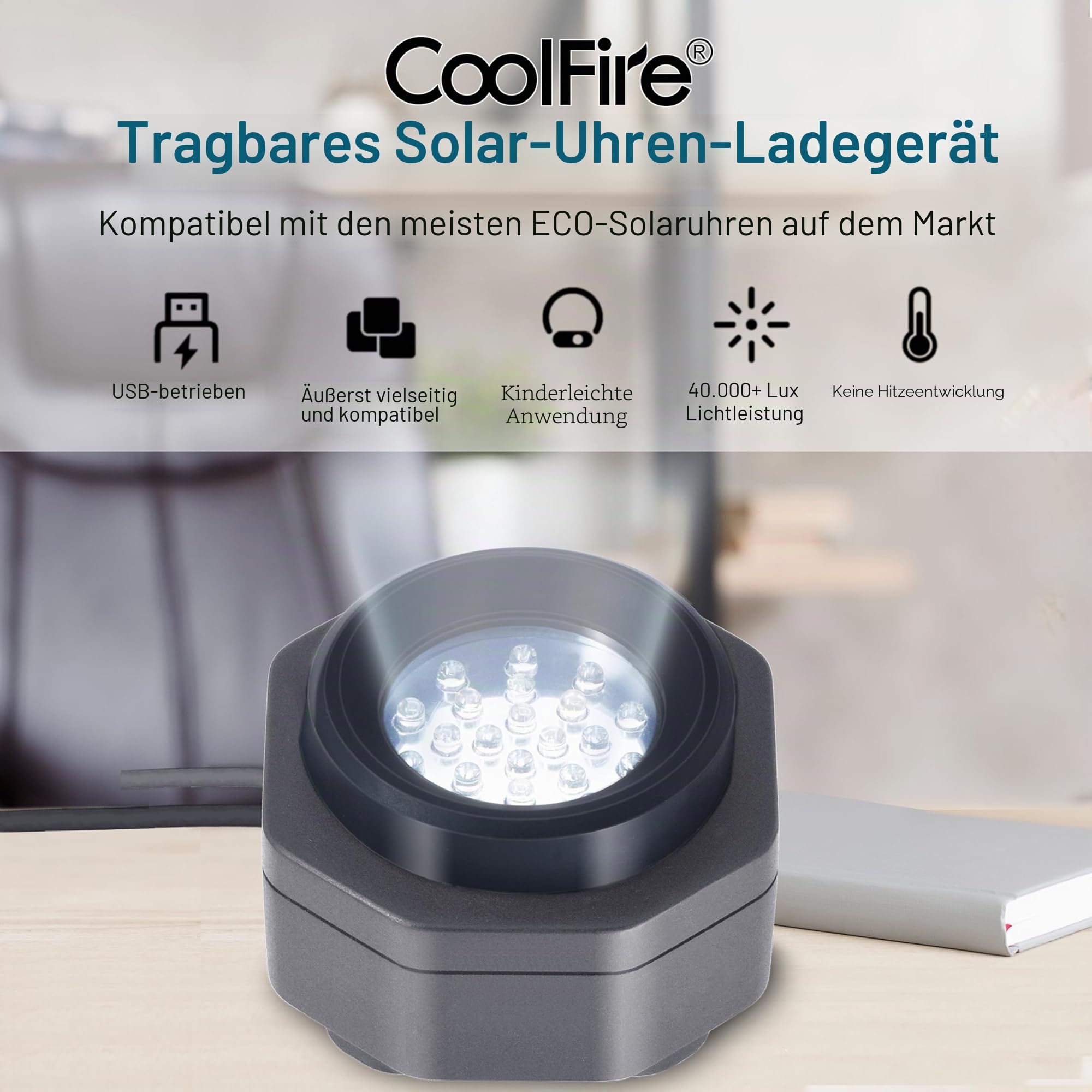 CoolFire - Typ-C UV-freies Solaruhr-Schnellladegerät für alle Eco-Solaruhren für Herren, Reloj Hombre tragbares Batterieladegerät. für alle Arten von Öko-Solaruhren. (Silber)