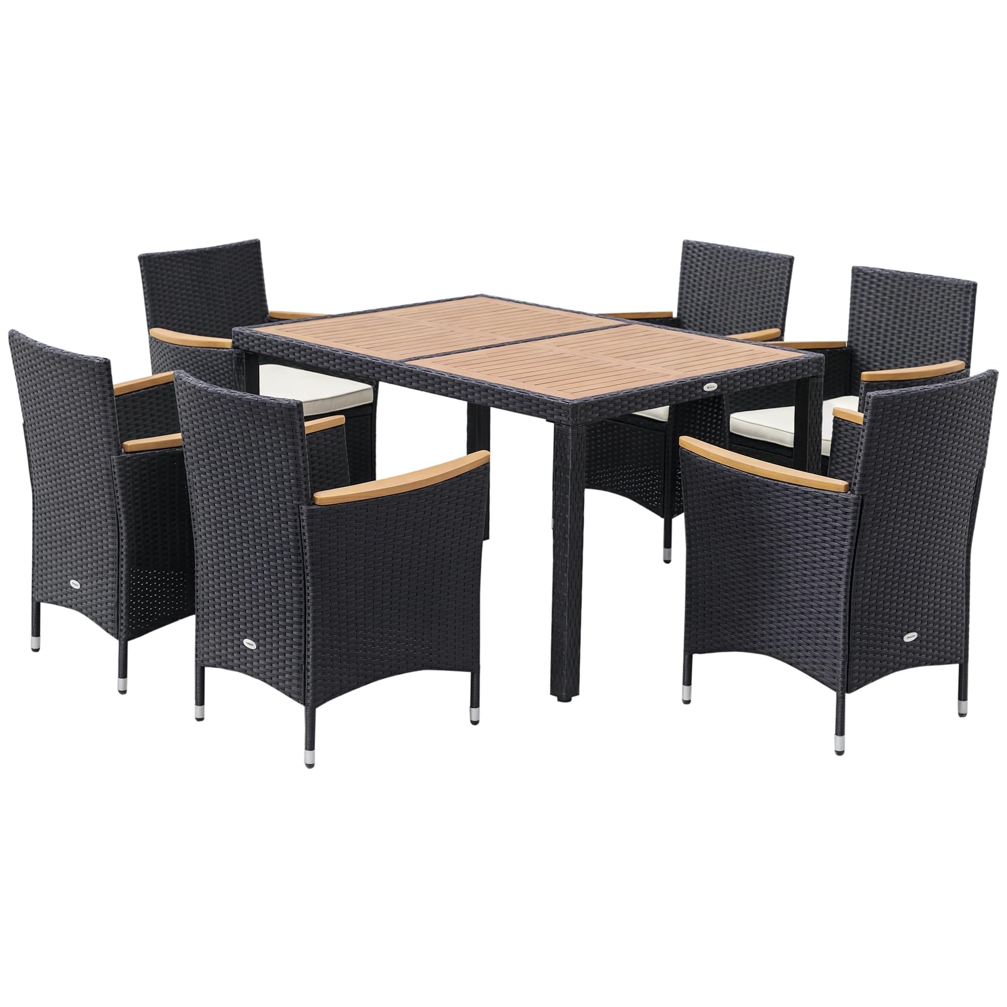 Outsunny Ensemble Salon de Jardin 6 Personnes Table à Manger rectangulaire 6 fauteuils Coussins lavables Acier résine tressée PE Bois d'acacia Noir et Beige