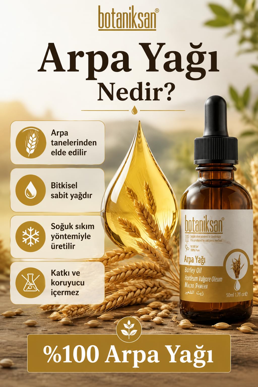 Botaniksan Arpa Yağı 50ML Soğuk Sıkım, Saf, Doğal, Katkısız