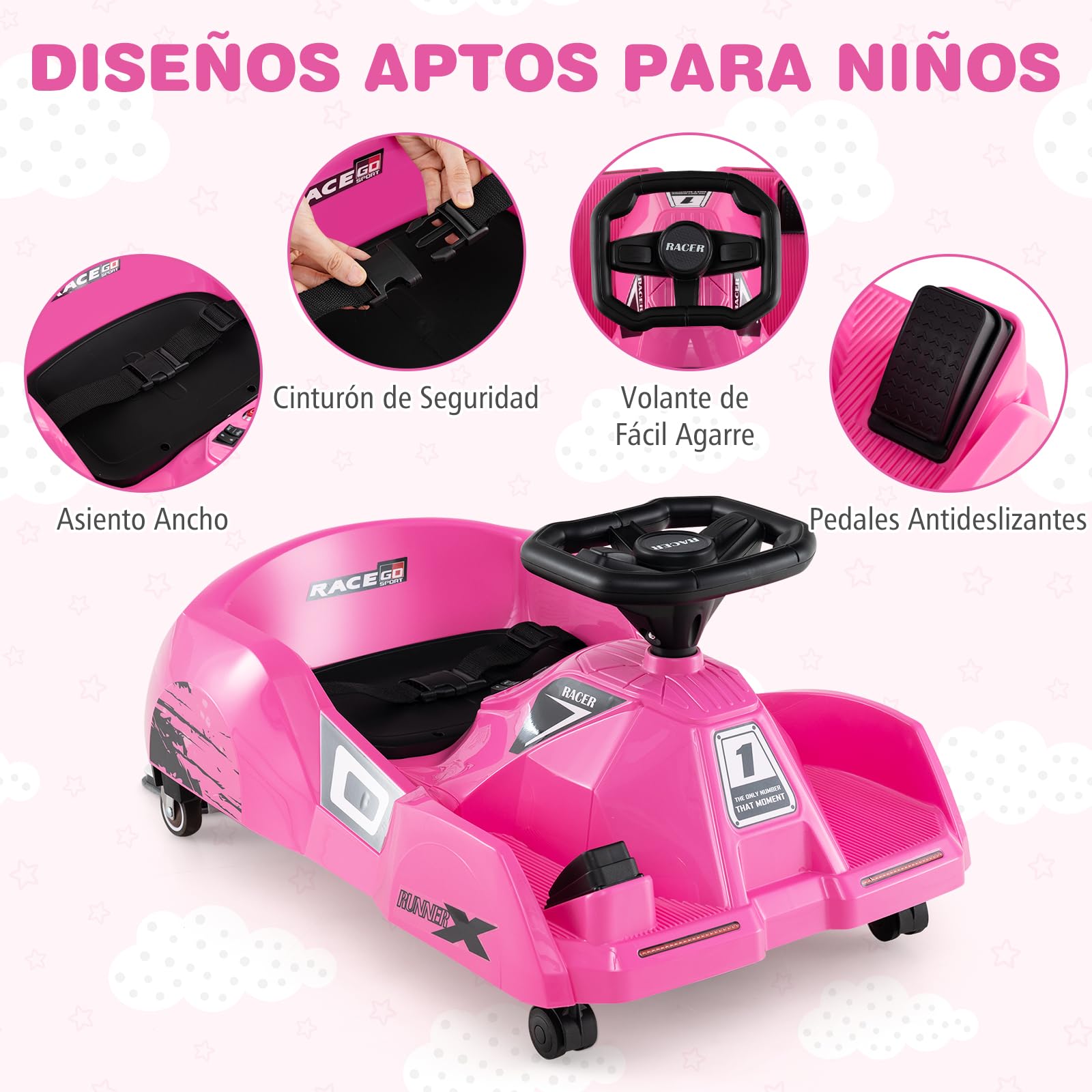 GOPLUS Go Kart Coche Eléctrico 12V Infantil, Kart Eléctrico con Pedal, Fregona Desmontable, Control Remoto, Conexión Inalámbrica, Música, 3 Velocidades, Coche de Juguete para Niños de 2-5 Años (Rosa)