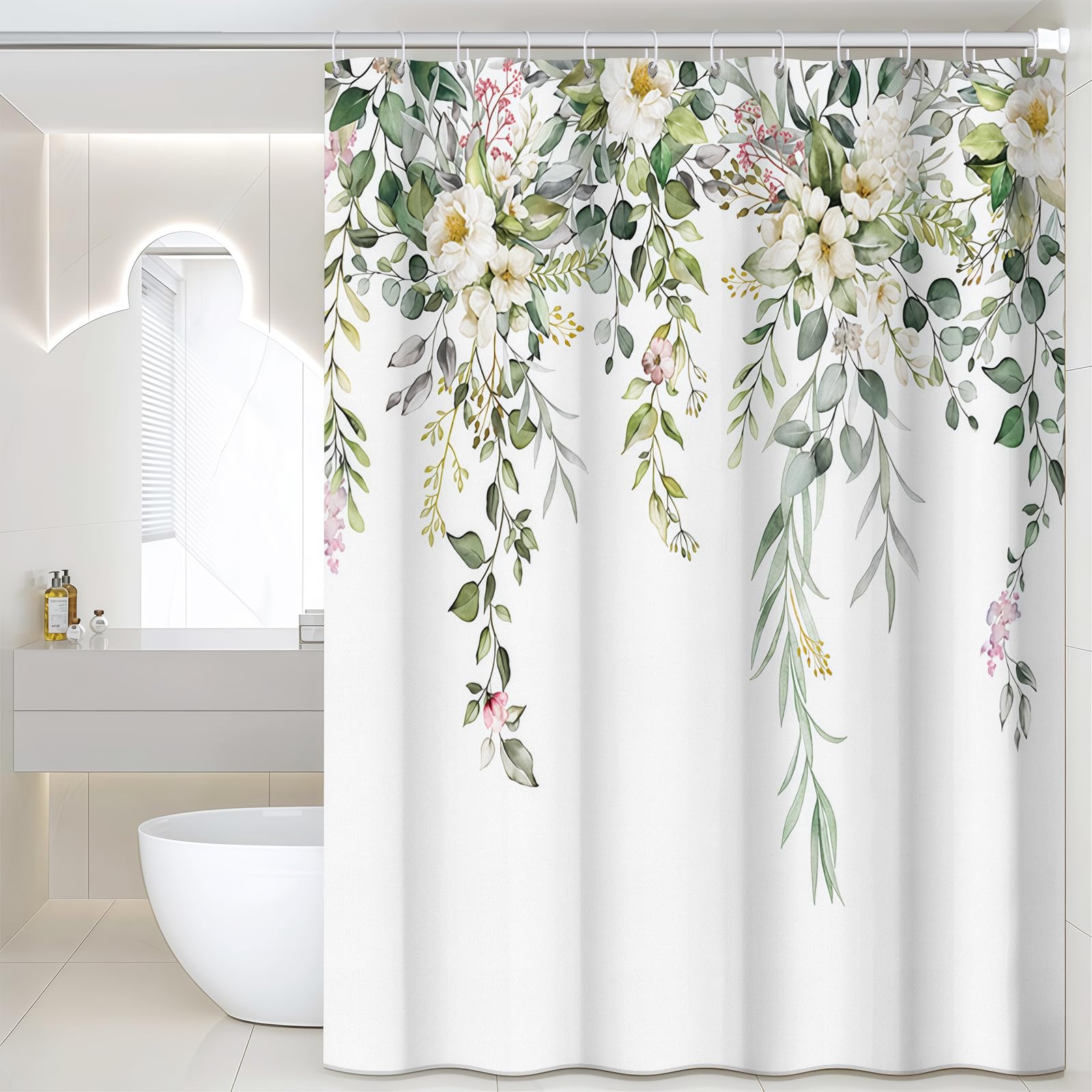 FAVORTALK Shower Curtain Mould Proof Mold-Resistant Polyester Shower Curtains for Bathroom Water Repellent Washable Fabric Bathroom Curtain Leaves Pattern Heavy Duty 180cm x 180cm 43920