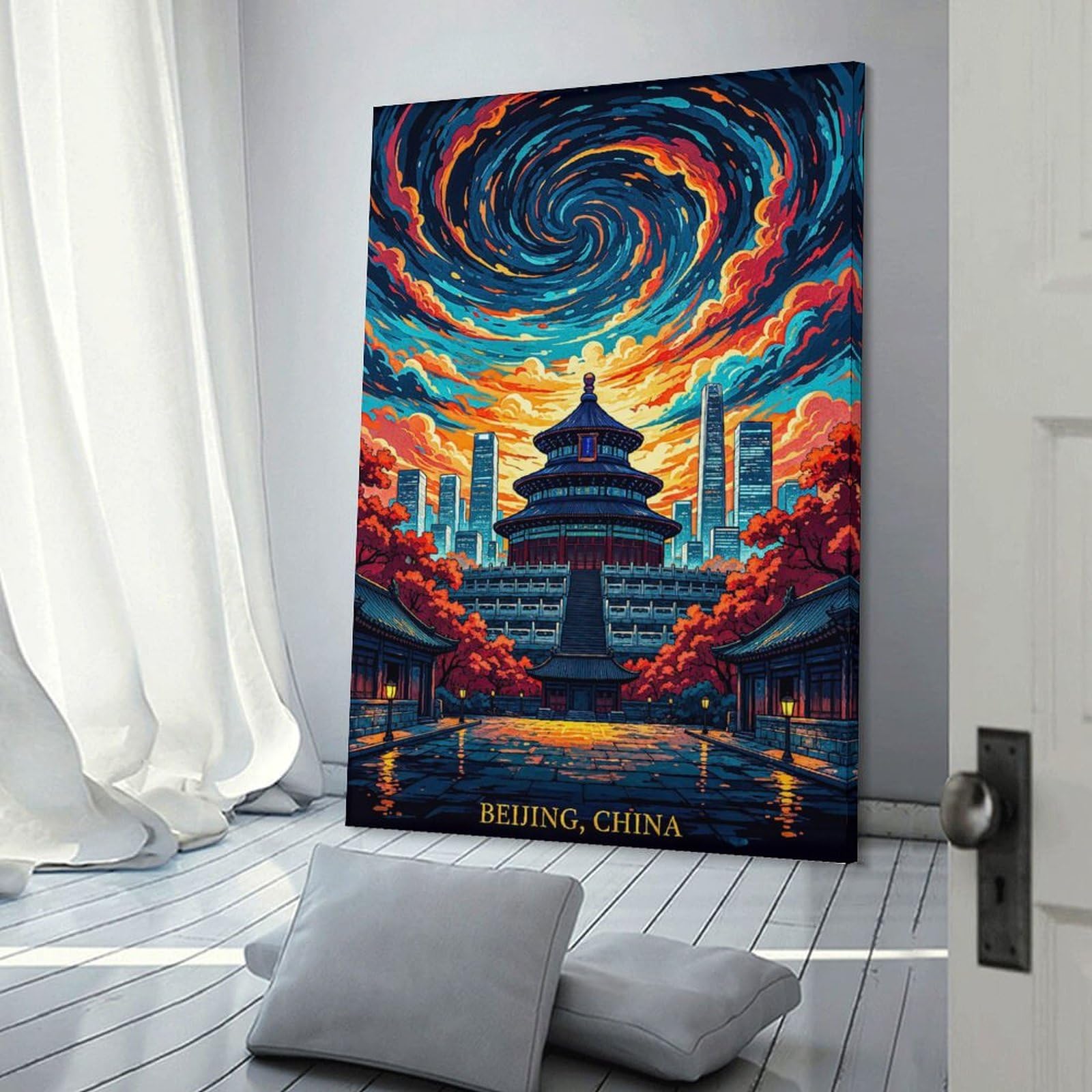 Junmoney Wall Art Print Vibrant Beijing Temple with Swirling Sky, 16x24inch(40x60cm), for Hallway, Bedroom Or Modern Interiors, Thoughtful Wall Decor for Art Lovers