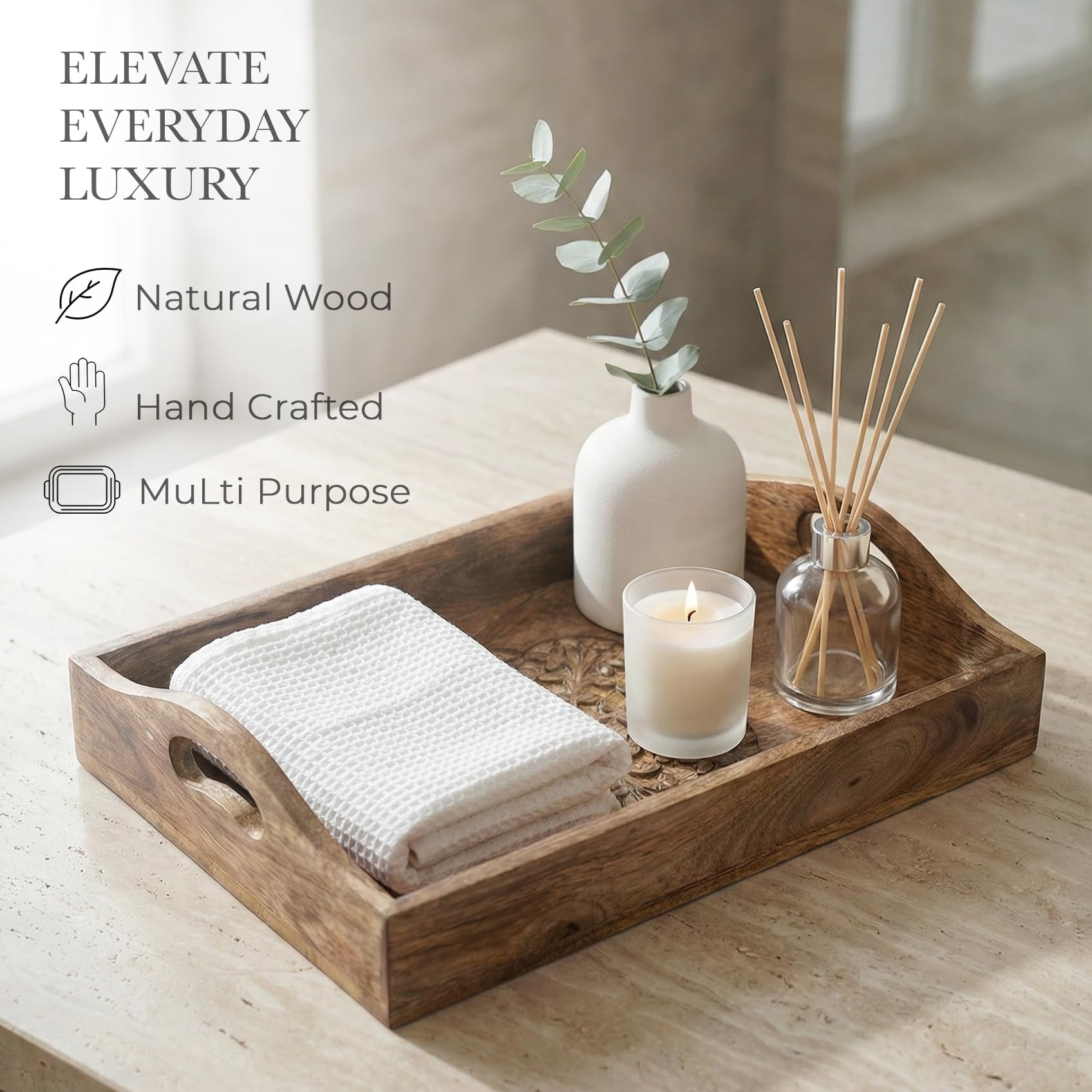Ajuny Plateau de Service Bois Rectangulaire Poignées Motif Floral, Lot de 3