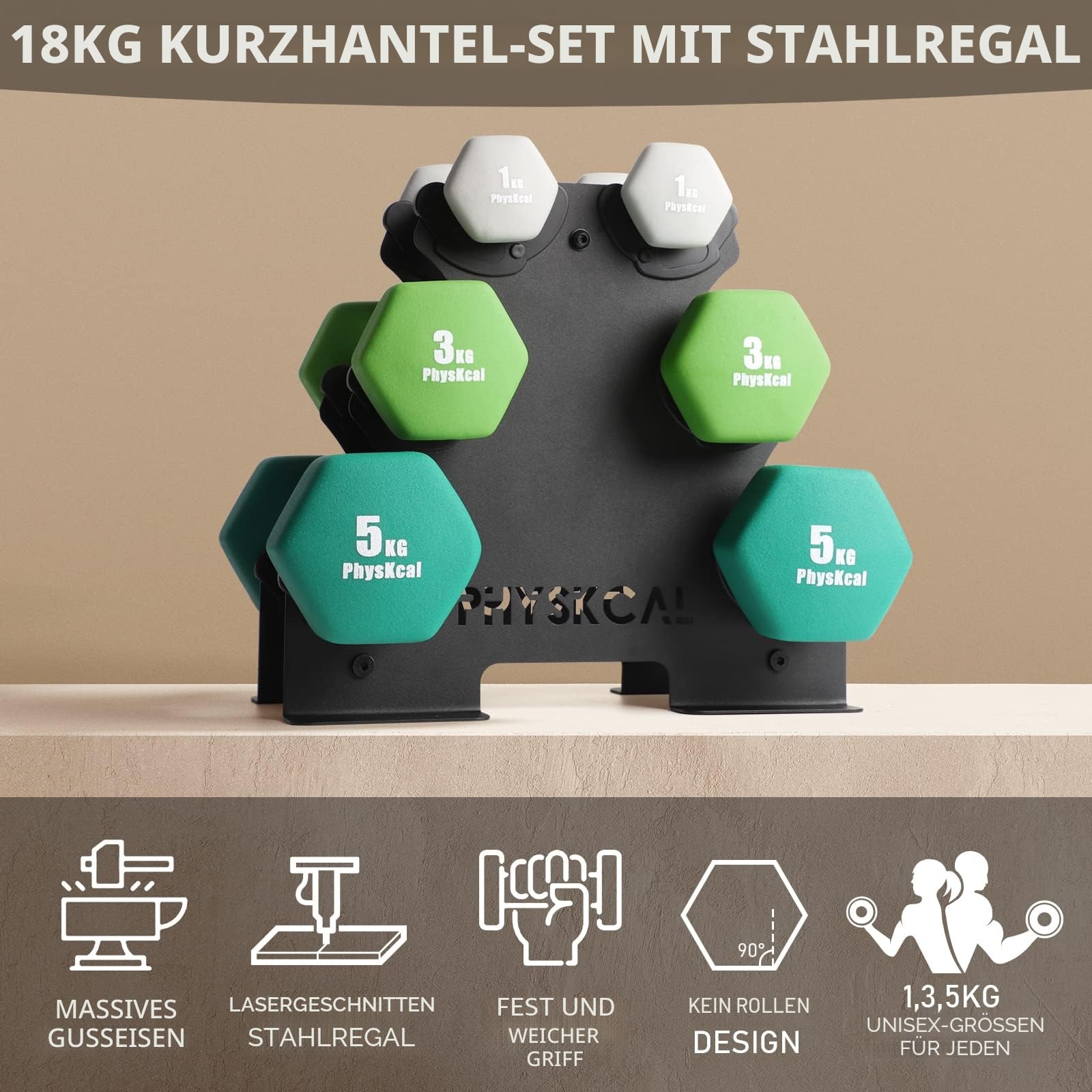 PhysKcal Neopren Kurzhantel Set, Hantelnset mit Robustem Stahl Ständer | Ideal für das Krafttraining zu Hause, unverzichtbar für Anfänger im Kraftsport, geeignet für Bodenübungen