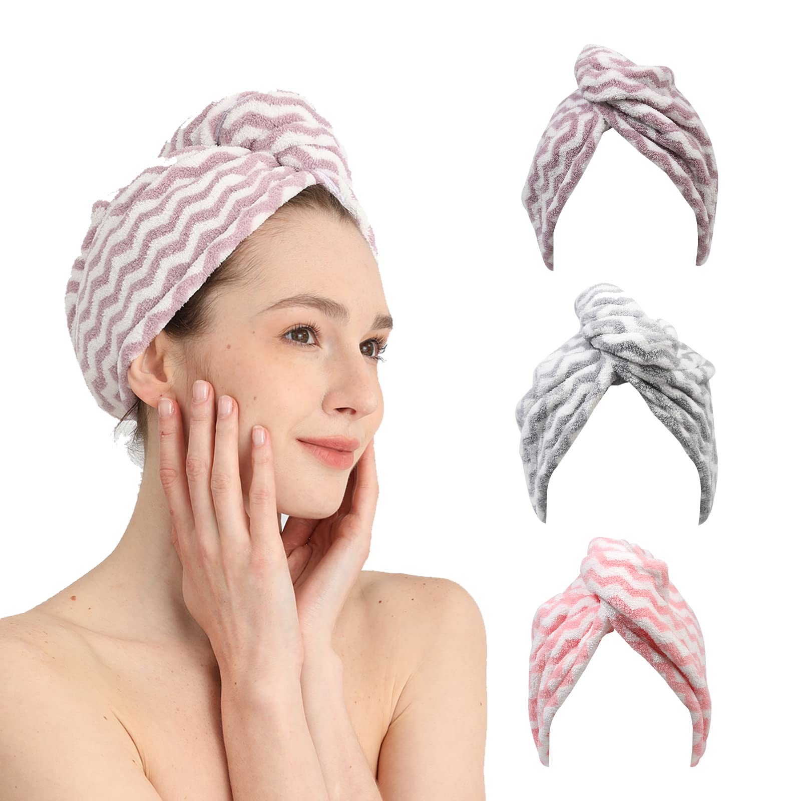 Good Nite Paquete de 3 Toallas de Microfibra para el Cabello, superabsorbentes, de Secado rápido, con Botones, Toallas de Microfibra para Mujeres y niñas, Cabello Largo y Rizado (Rosa, Morado, Gris) OEKO-TEX STANDARD 100