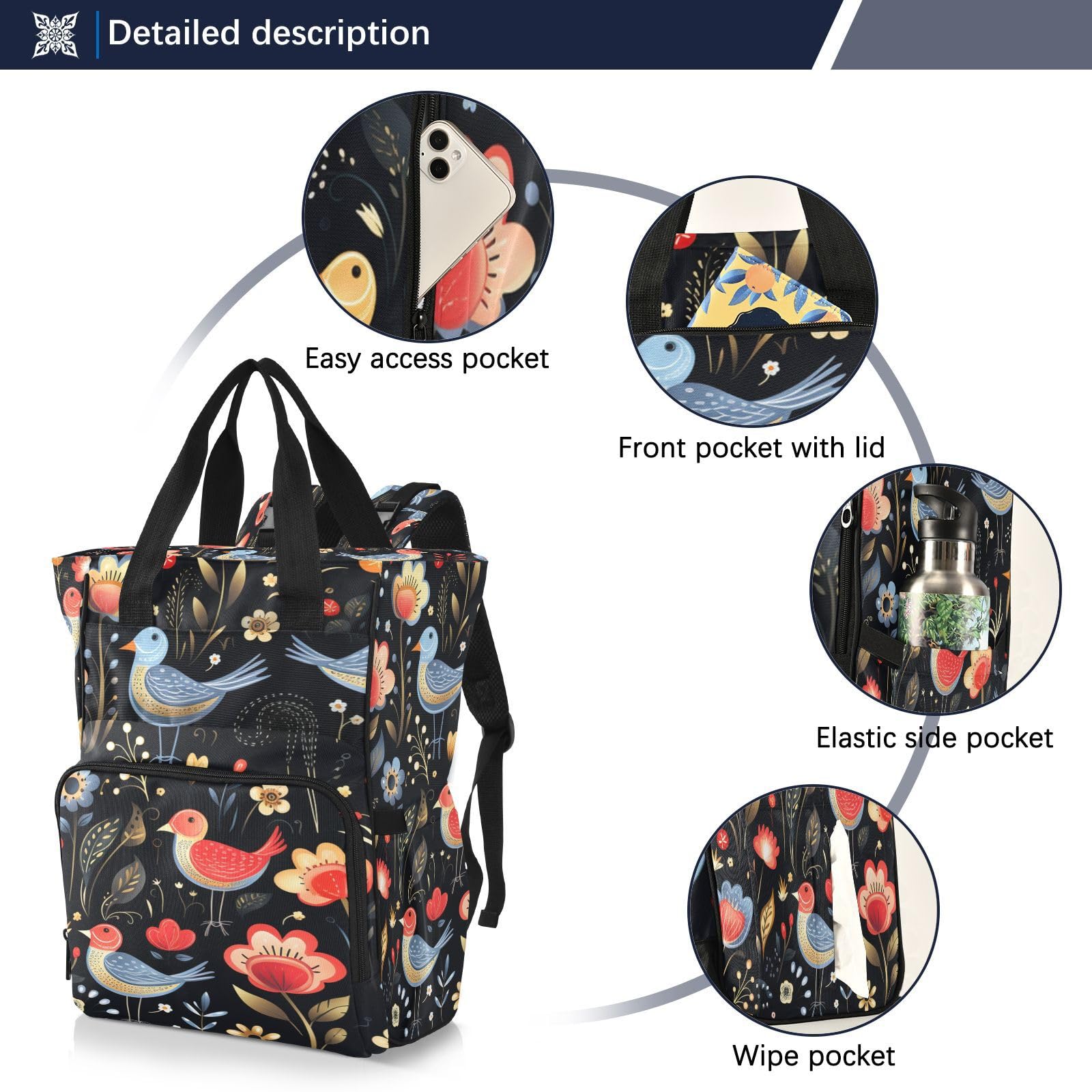 Flor Negro Arte PáJaros Mochilas de Pañales para Gran Capacidad Pañal Bolso Mochila para Viajar al Aire Libre Mamá y Papá