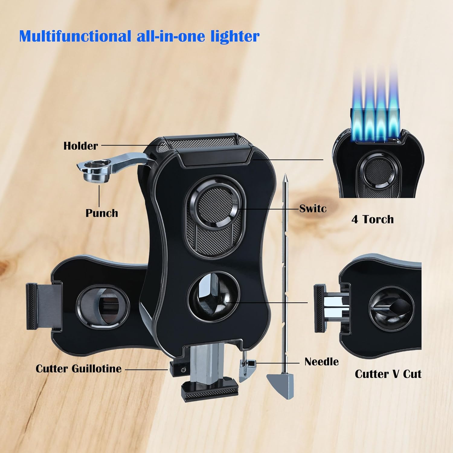 Large Lighter,Refillable Butane Torch Lighter with Built-in Holder and 4 Jet Flame - All-in-1 Tool lighters for Men（Without Butane）