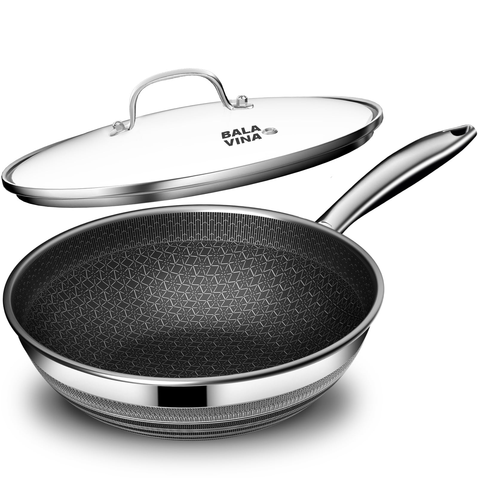 Wok Pan - 304 Stainless Steel Woks &amp; Stir-fry Pans Nonstick - PFOA-Free Cookware - Hybrid 12.41 inch Nonstick Wok with Lid for Induction, Kitchen Essentials, Dishwasher and Oven Safe