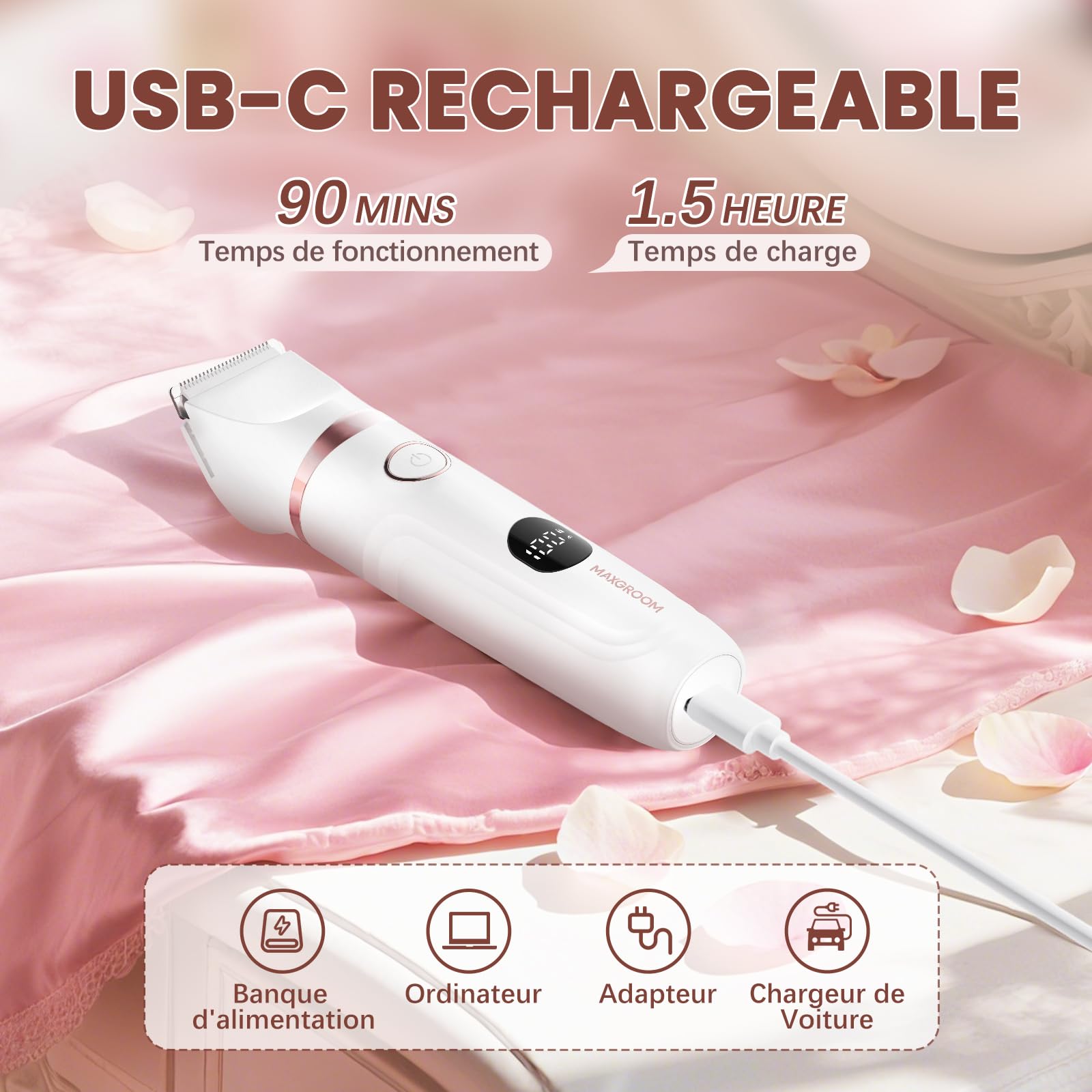 Rasoir Electrique Femme 3-en-1, MAXGROOM Tondeuse Intime Femme Humide/Sec, Rasoir Électrique avec Affichage LED & Lame Céramique, Tondeuse Bikini pour Visage Aisselles Jambes Corps, 90 min d'autonomie