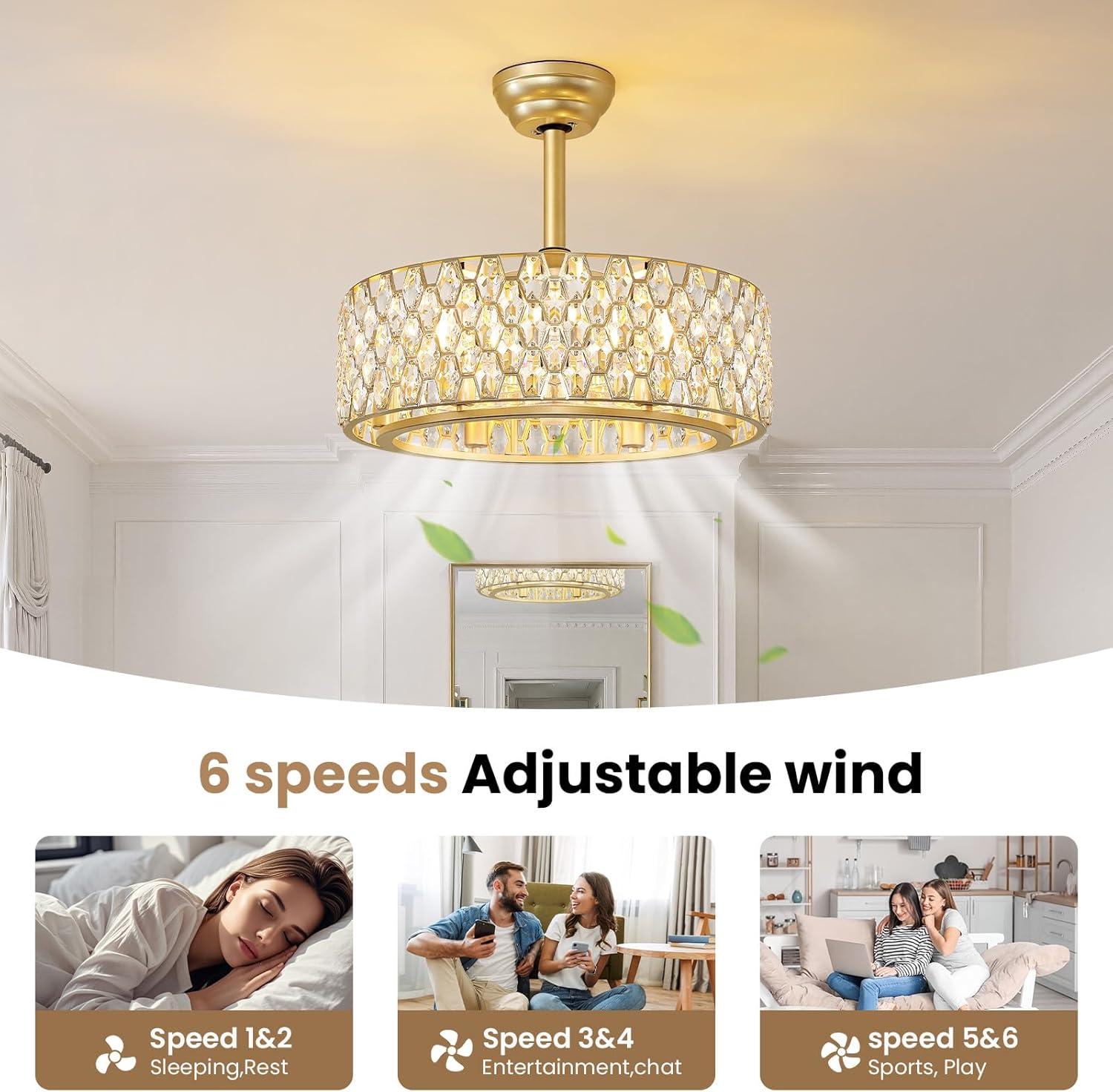 RUIYEY Crystal Ceiling Fans with Lights: 20 inch Gold Caged Fandelier Ceiling Fans with Remote, Reversible 7 Blades 6 Speeds E12 6 Light Modern Flush Mount Ceiling Light Fixtures for Bedroom Kitchen