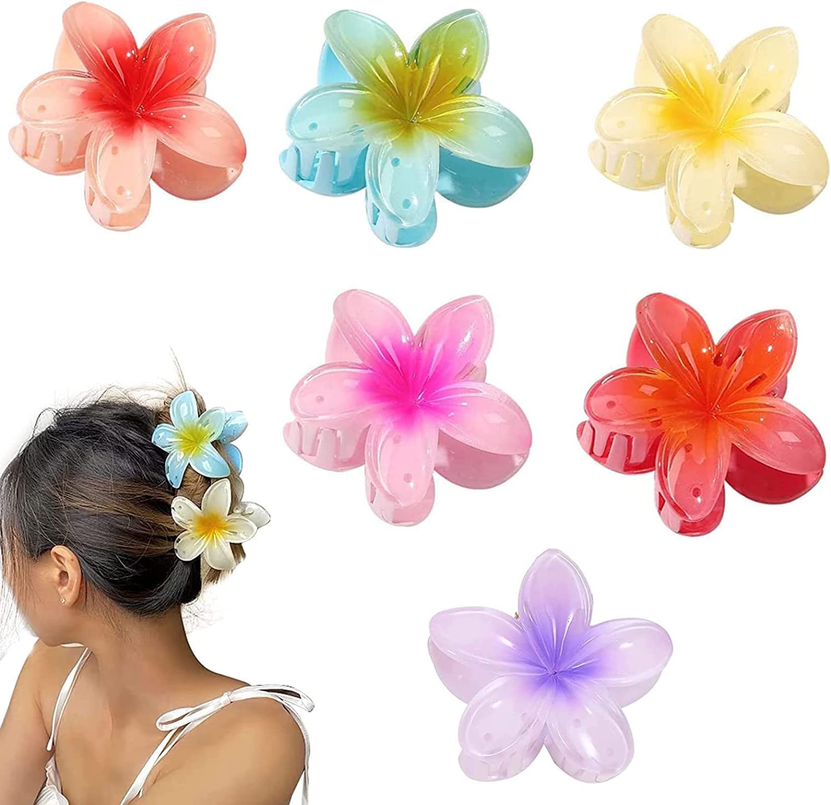 Excefore Flower Hair Clip, 6 Pcs Hawaiian Plumeria Flower Hair Claw Clips, Matte No Slip Cute Clips, Wedding Bridesmaid Flower Catch for Thick/Thin Hair