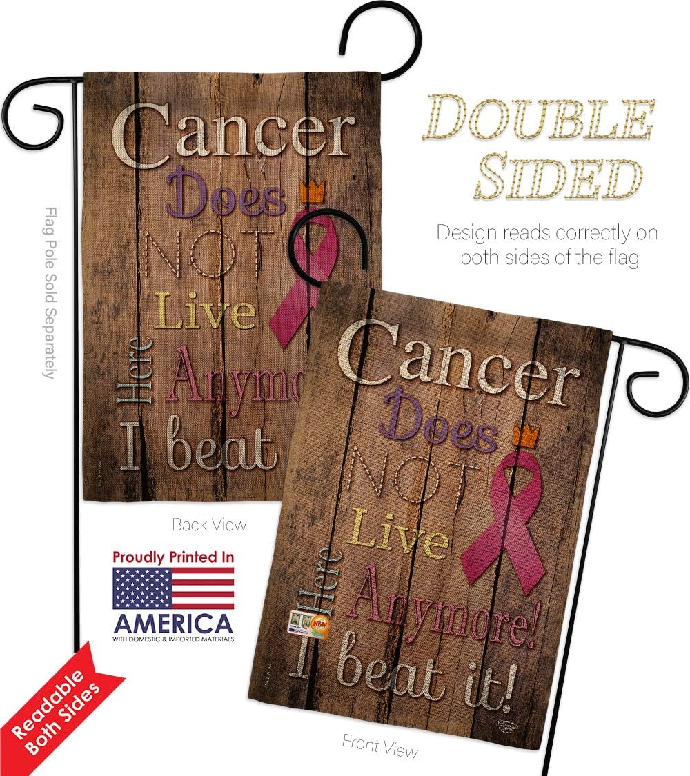 Cancer Does Not Live Here Anymore Pink Ribbon Burlap Garden Flag Support Awareness Inspirational Survivor Prevention Autism Breast BLM Small Gift Yard House Banner Double-Sided Made In USA 13 X 18.5