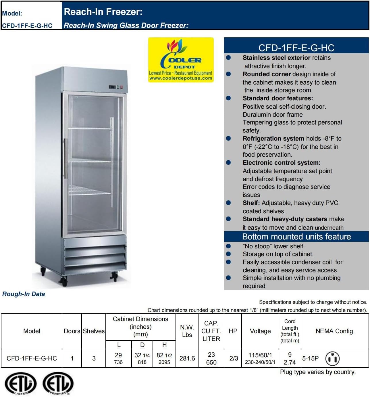 cooler depot Commercial Freezer Glass 1 Single Door Stainless Steel Exterior, Upright Reach in NSF 29"Width 3 Shelves, Display Merchandiser 23 cuft -8°F to 0°F CFG-1FFGSS