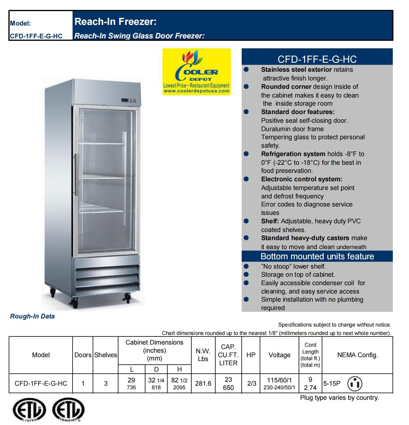 Cooler Depot Commercial Freezer Glass 1 Single Door Stainless Steel Exterior, Upright Reach In Nsf 29"Width 3 Shelves, Display Merchandiser 23 Cuft -8°F To 0°F Cfg-1ffgss on Fridge.com - View 4
