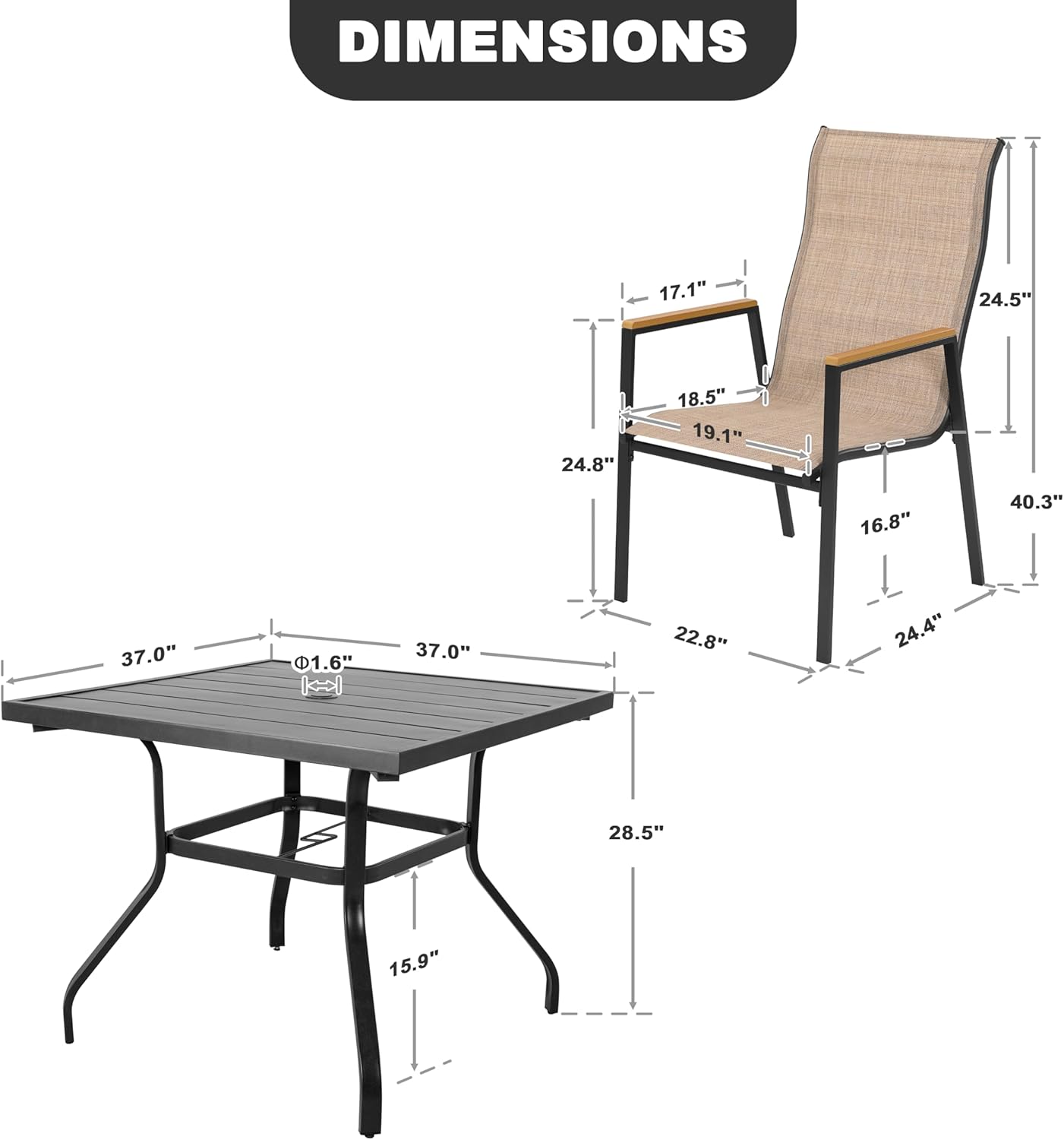 NUU GARDEN 5-Piece Patio Dining Set for 4, Slatted Table with Umbrella Hole and 4 Stackable Textilene Chairs with Faux Wood Armrests, Black and Khaki
