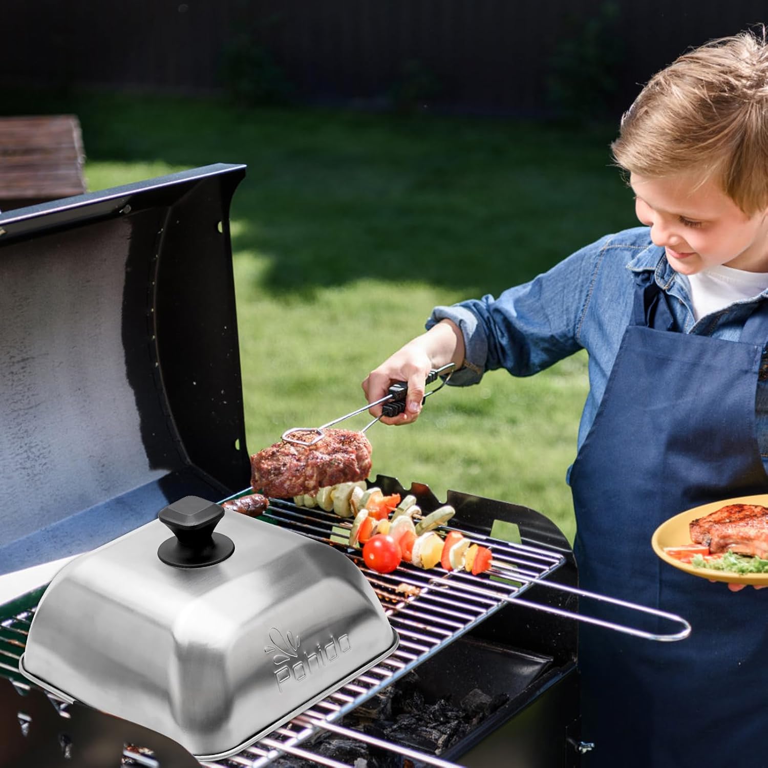 2-Pack Square Basting Covers for 10"x10" Pans- Lightweight Stainless Steel Cheese Melting Lids with Heat-Resistant Handles for Blackstone Griddle, Flat Top Grill, Camping & Home