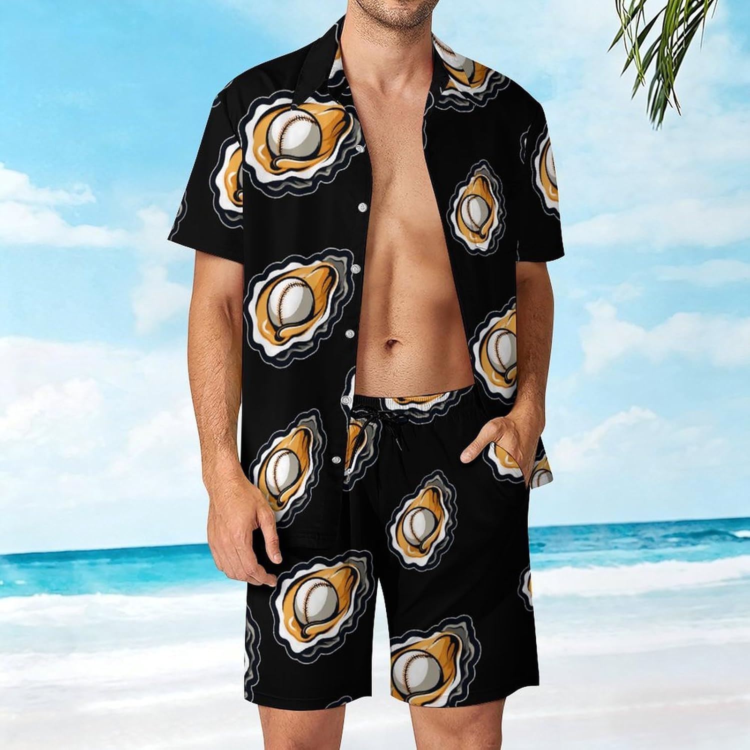 Oysters Baseball Ball Summer Mens Vacation Outfits Beach Shirts Shorts Matching Set