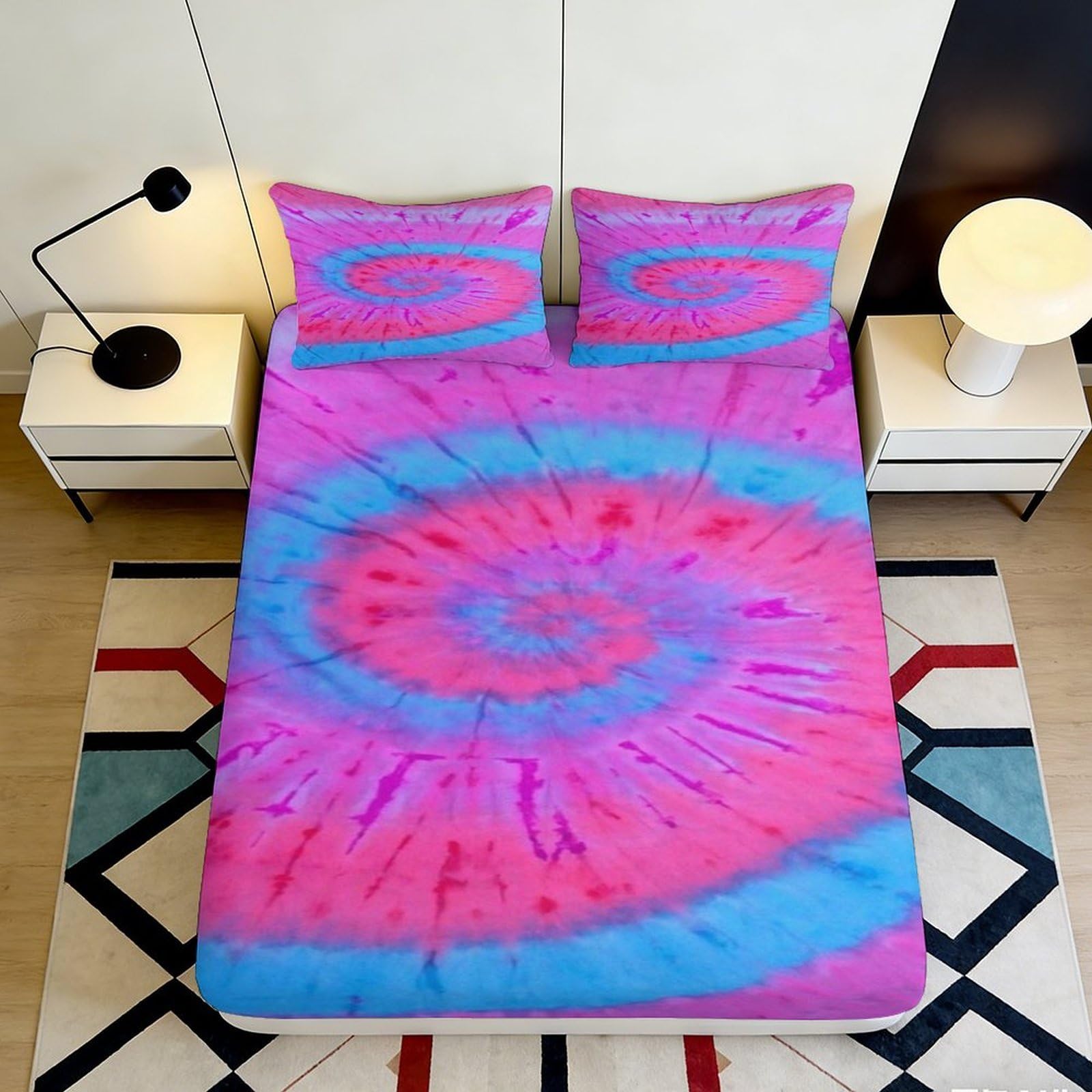 3D Printed Tie Dye Spiral Fitted Sheet Microfiber Soft Pink Blue Swirl Mattress Cover for Bedroom Dorm Decor 90x200x25cm