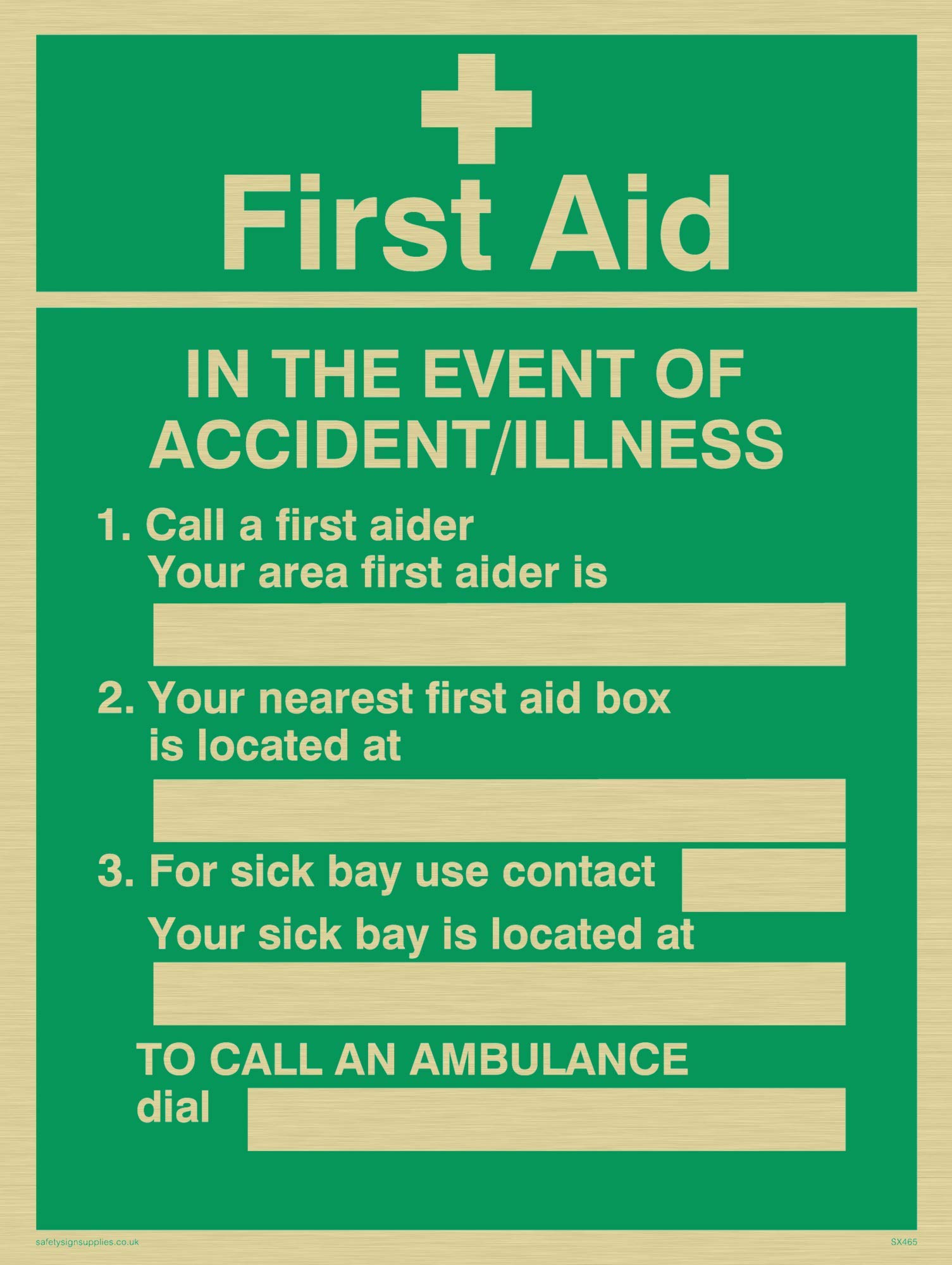 Viking Signs SX465-A5P-G "First Aid In The Event Of Accident/Illness" Poster Sign, Rigid Gold Plastic, 200 mm H x 150 mm W