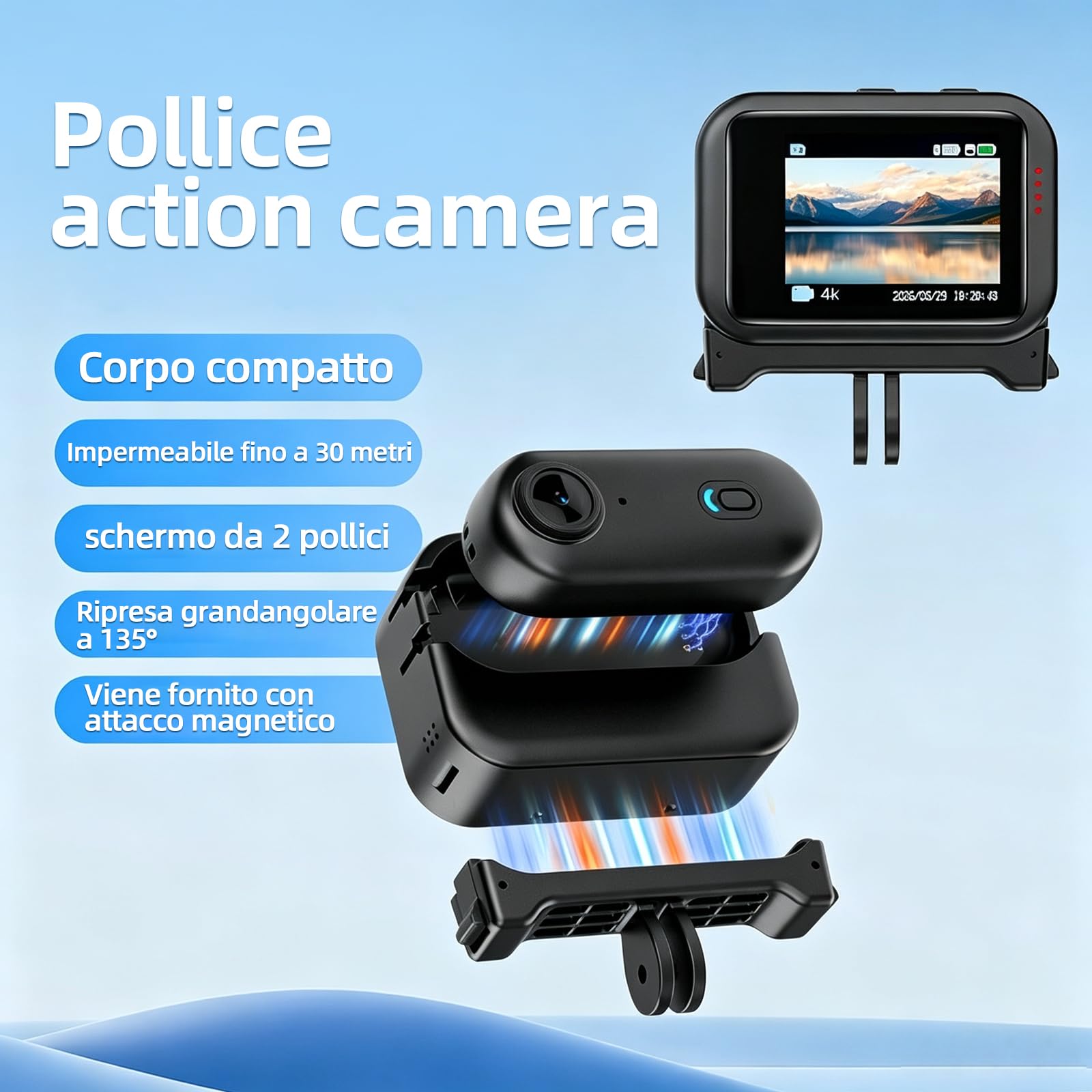 Fotocamera portatile di vlogging 1080p, fotocamera d'azione POV a 360 °, Cam sportiva impermeabile con stabilizzazione dell'immagine per vlogging ciclismo Sport di viaggio