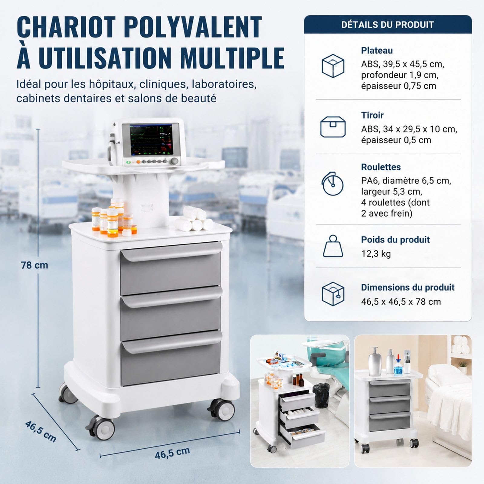 Chariot de Laboratoire 4 Niveaux avec 3 tiroirs, Blanc, Chariot Roulant pour Laboratoire, Bureau et Rangement