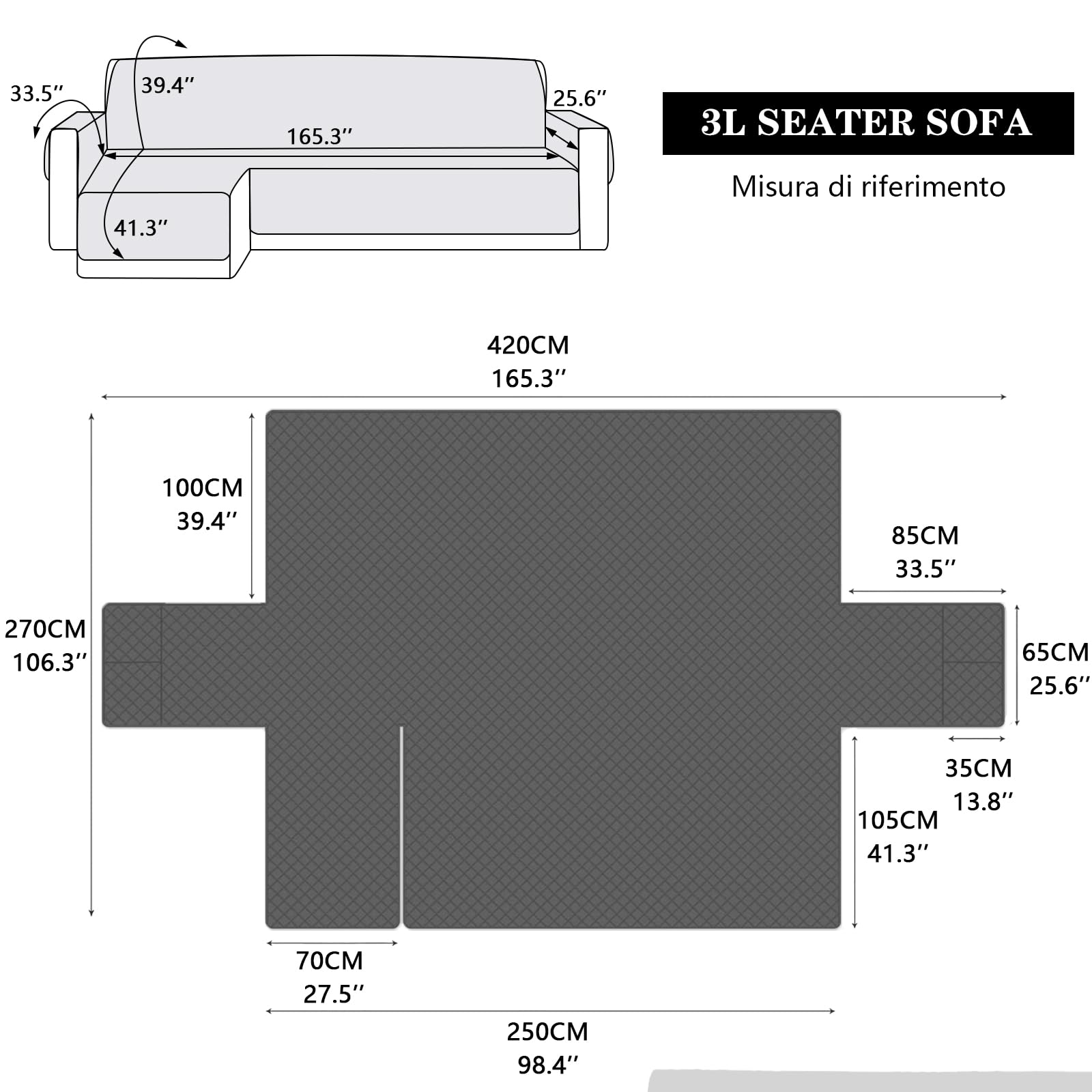 Sofa Überzug L Form 250cm Wasserdicht, Couch Überzug für Katze und Hund, Sofaschone Universell Reversibel, Dunkelgrau