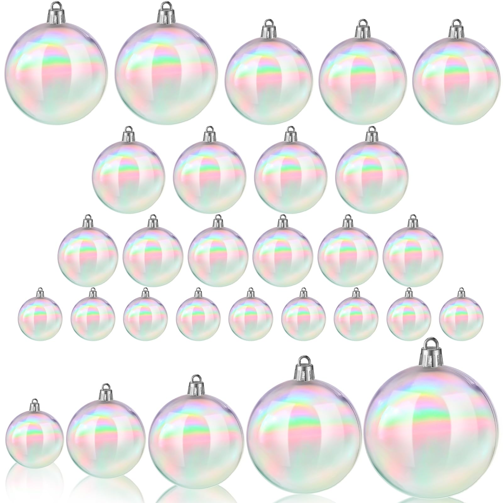 Shappy 24 adornos iridiscentes de Navidad, transparentes, inastillables, para colgar, bola de arco iris, adorno de Navidad, 5 tamaños diferentes para fiestas, bodas, decoración del hogar