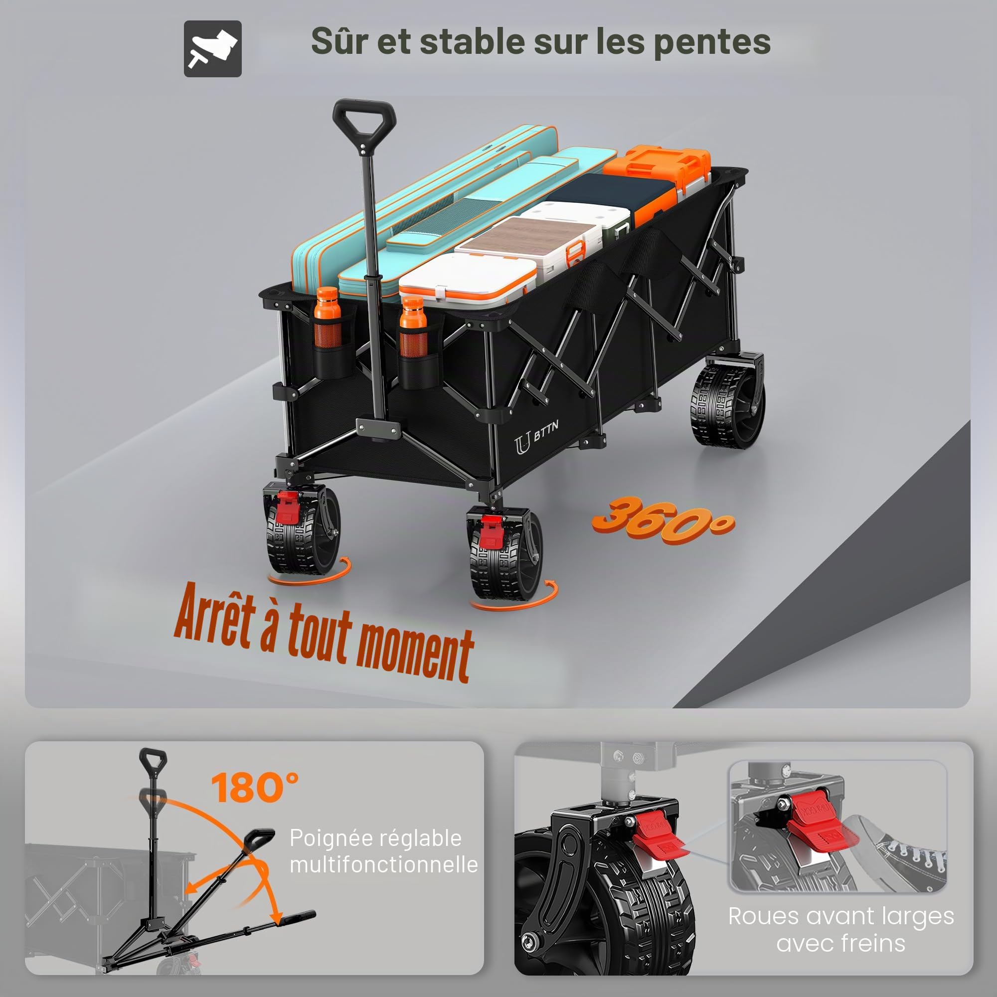 BTTN XXXL Chariot Pliable 300 L / 210 kg de capacité – avec freins, pneus larges 18×10 cm – Chariot pliable pour jardin, plage, camping et courses – Noir